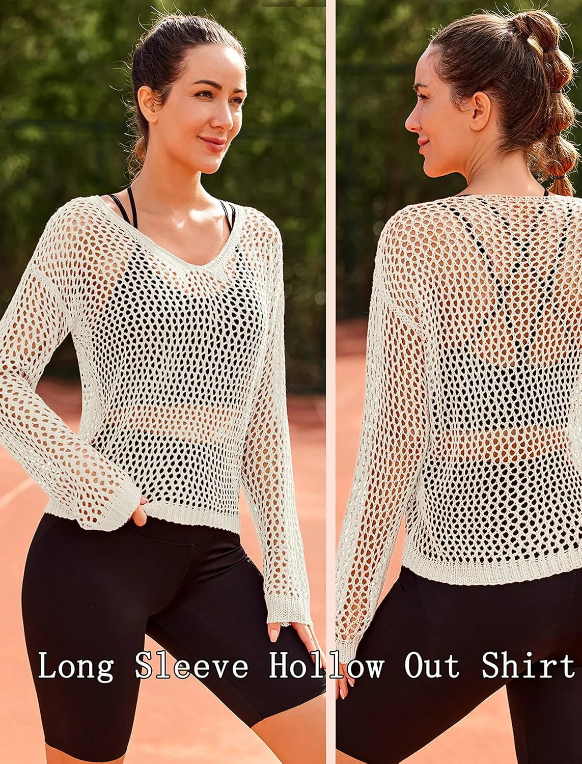 AI'MAGE Womens Crochet Tops Long Sleeve Hollow Out Swim Cover Up 2025 Beach Bikini Swimsuit Summer Tunic Top