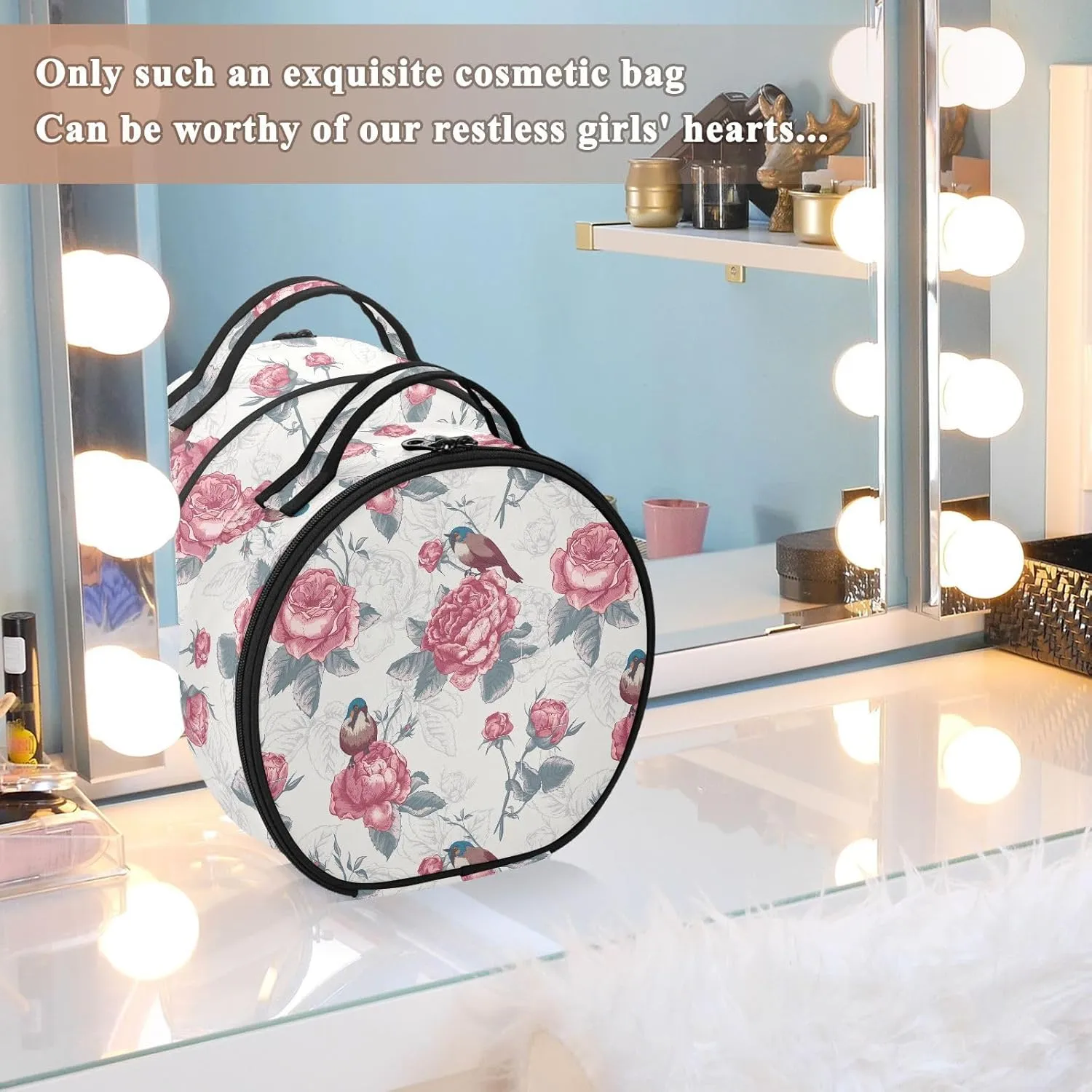 ALAZA Blooming Roses and Birds Travel Makeup Train Case Makeup Cosmetic Case with Adjustable Dividers