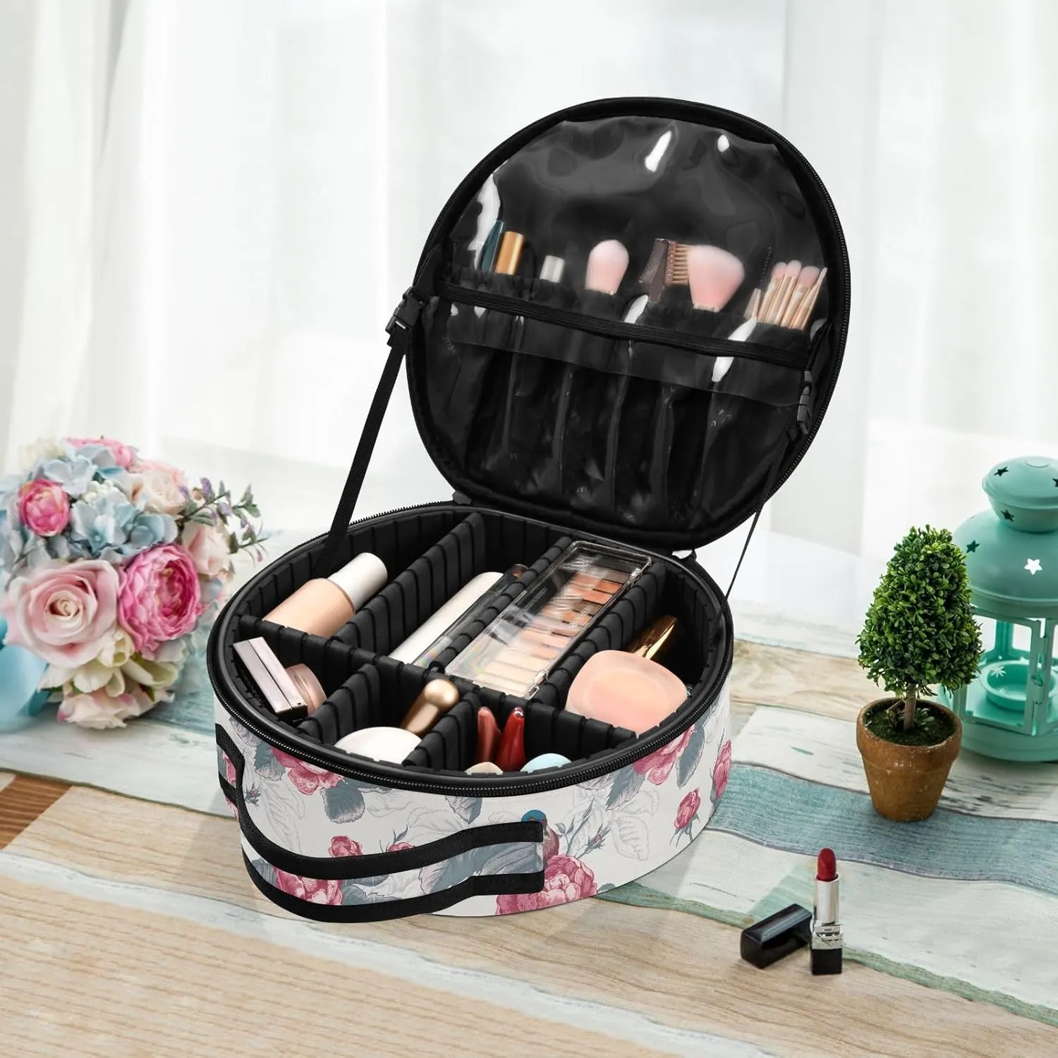 ALAZA Blooming Roses and Birds Travel Makeup Train Case Makeup Cosmetic Case with Adjustable Dividers