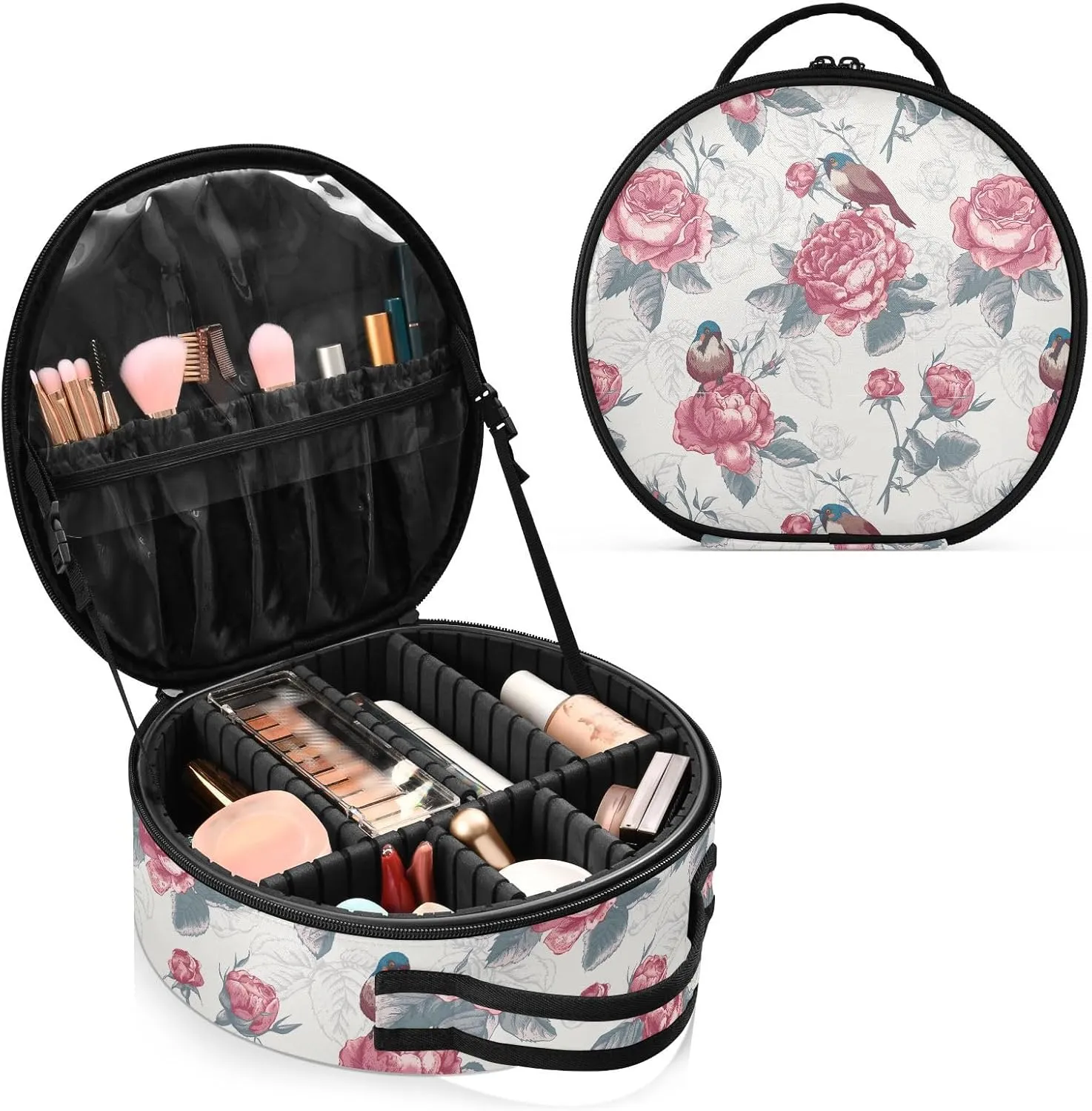 ALAZA Blooming Roses and Birds Travel Makeup Train Case Makeup Cosmetic Case with Adjustable Dividers