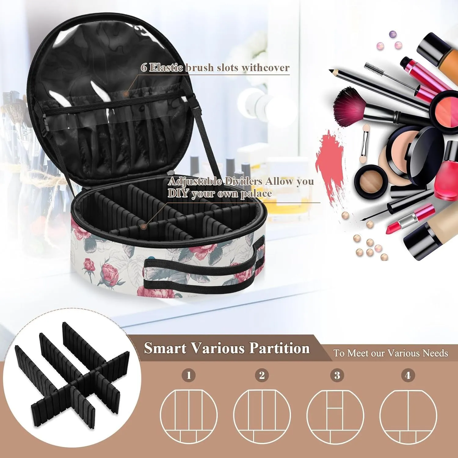 ALAZA Blooming Roses and Birds Travel Makeup Train Case Makeup Cosmetic Case with Adjustable Dividers