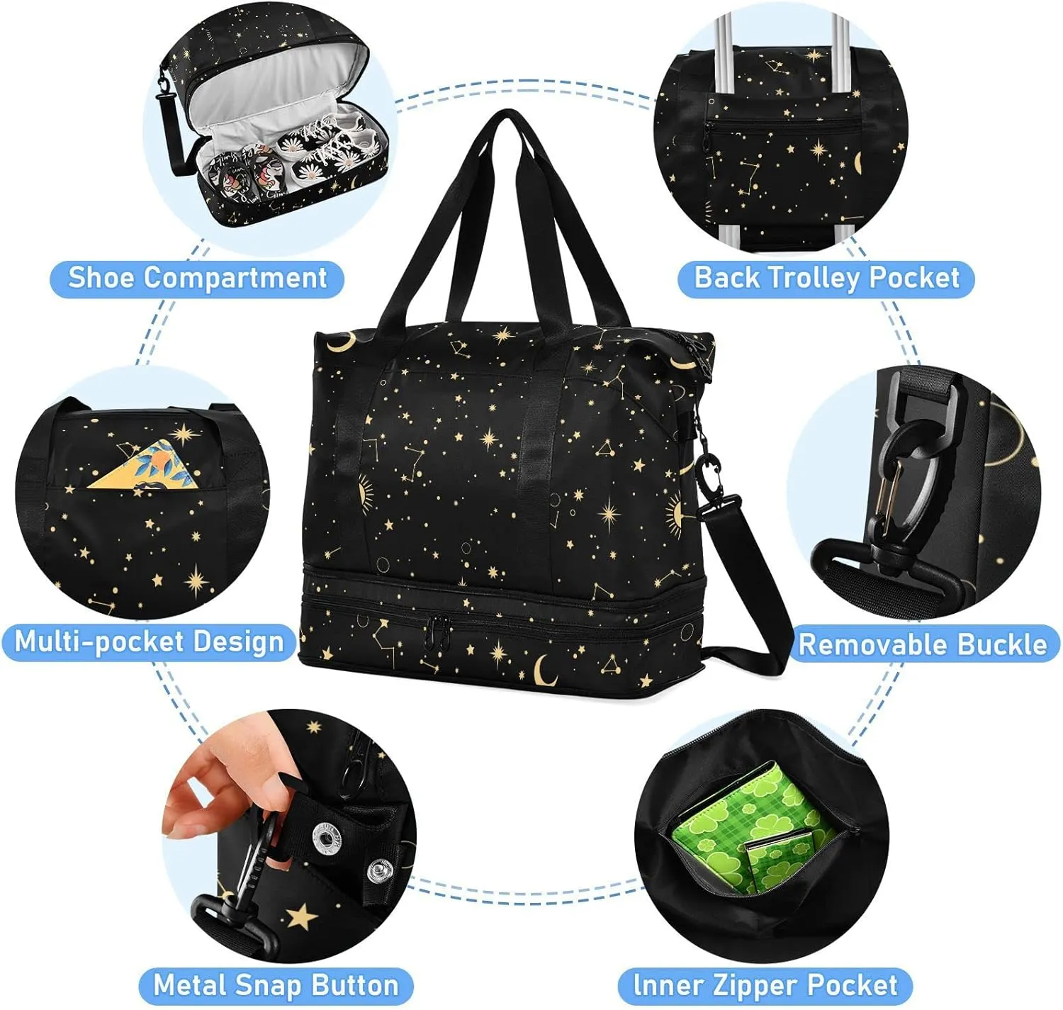 ALAZA Moon Sun Starry Night Gym Bag Sports Duffel Bag with Shoes Compartment, Overnight Weekender Travel Tote Bag for Women Men Trip College