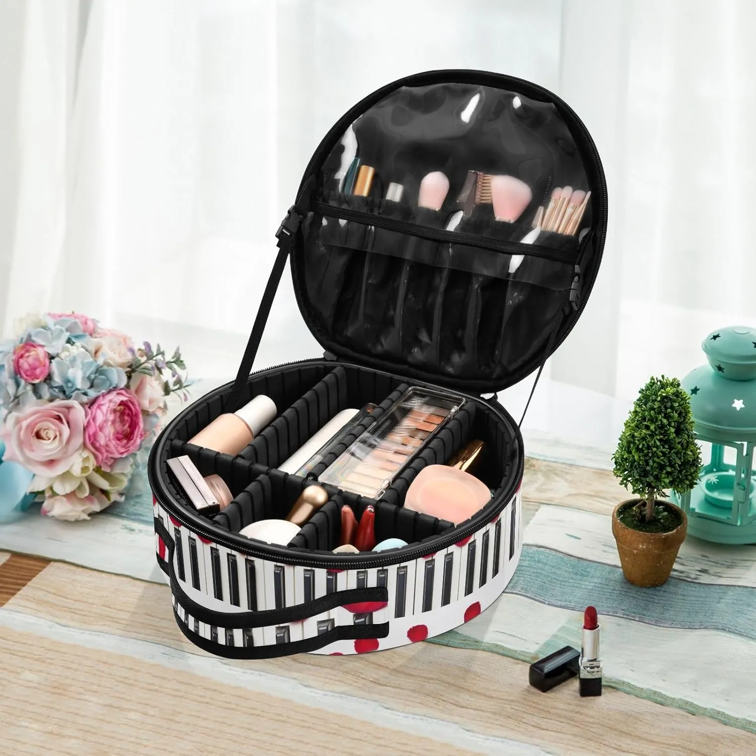 ALAZA Piano Keys with Red Rose Flower Petals Portable Cosmetic Bag Large Capacity Makeup Bags