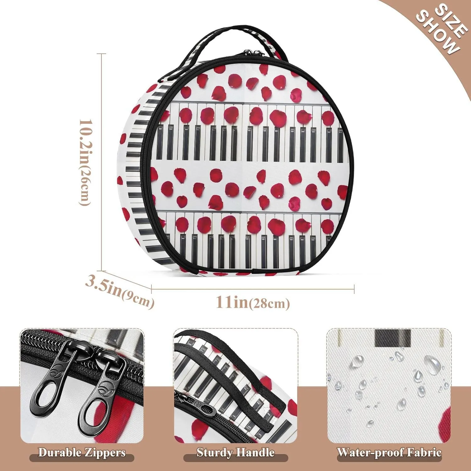 ALAZA Piano Keys with Red Rose Flower Petals Portable Cosmetic Bag Large Capacity Makeup Bags