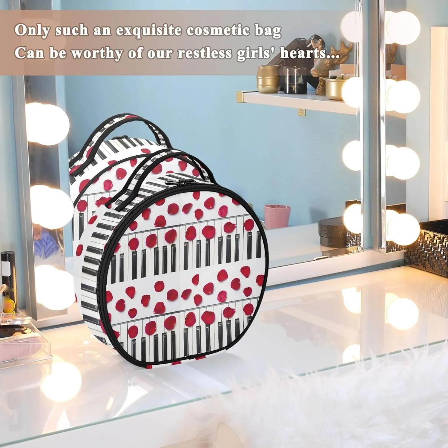 ALAZA Piano Keys with Red Rose Flower Petals Portable Cosmetic Bag Large Capacity Makeup Bags