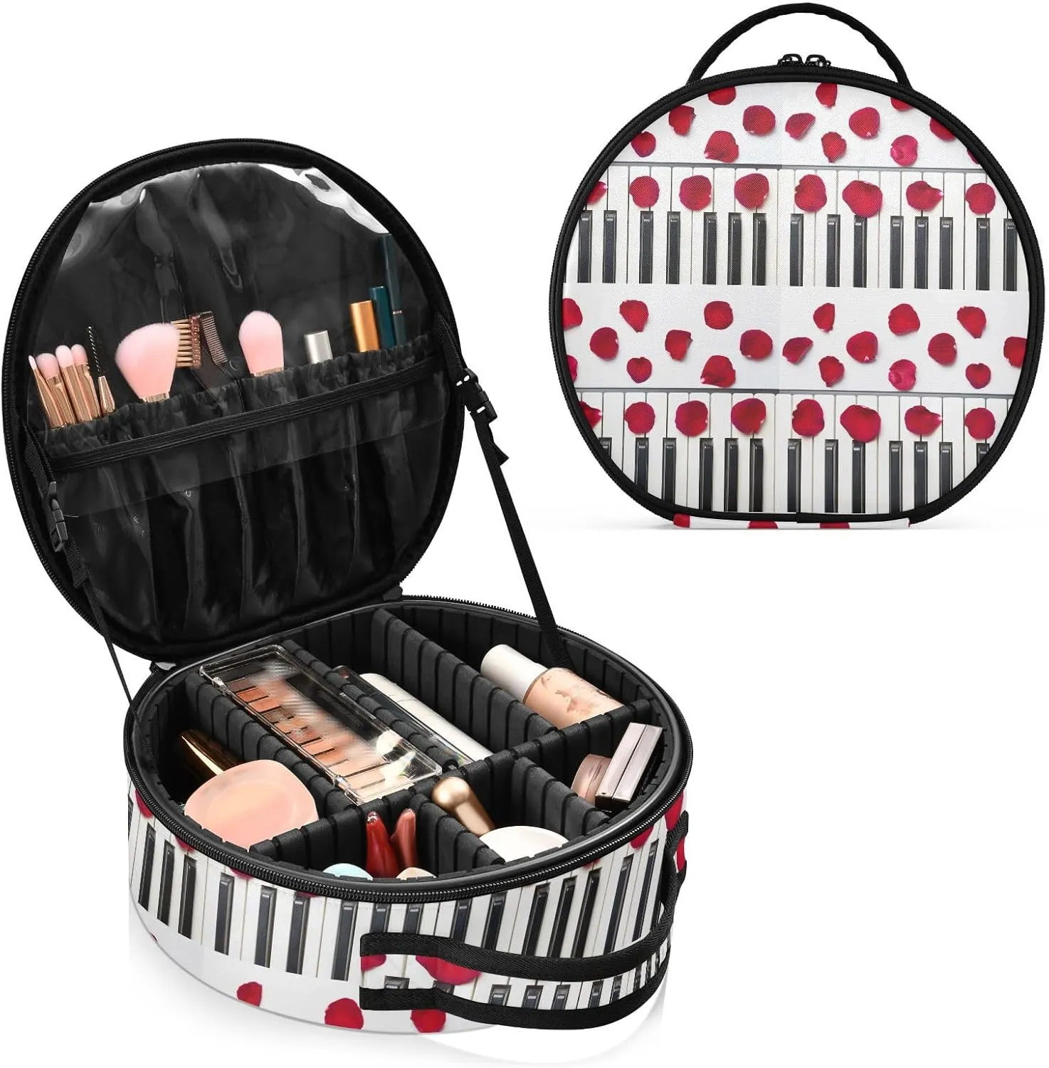 ALAZA Piano Keys with Red Rose Flower Petals Portable Cosmetic Bag Large Capacity Makeup Bags