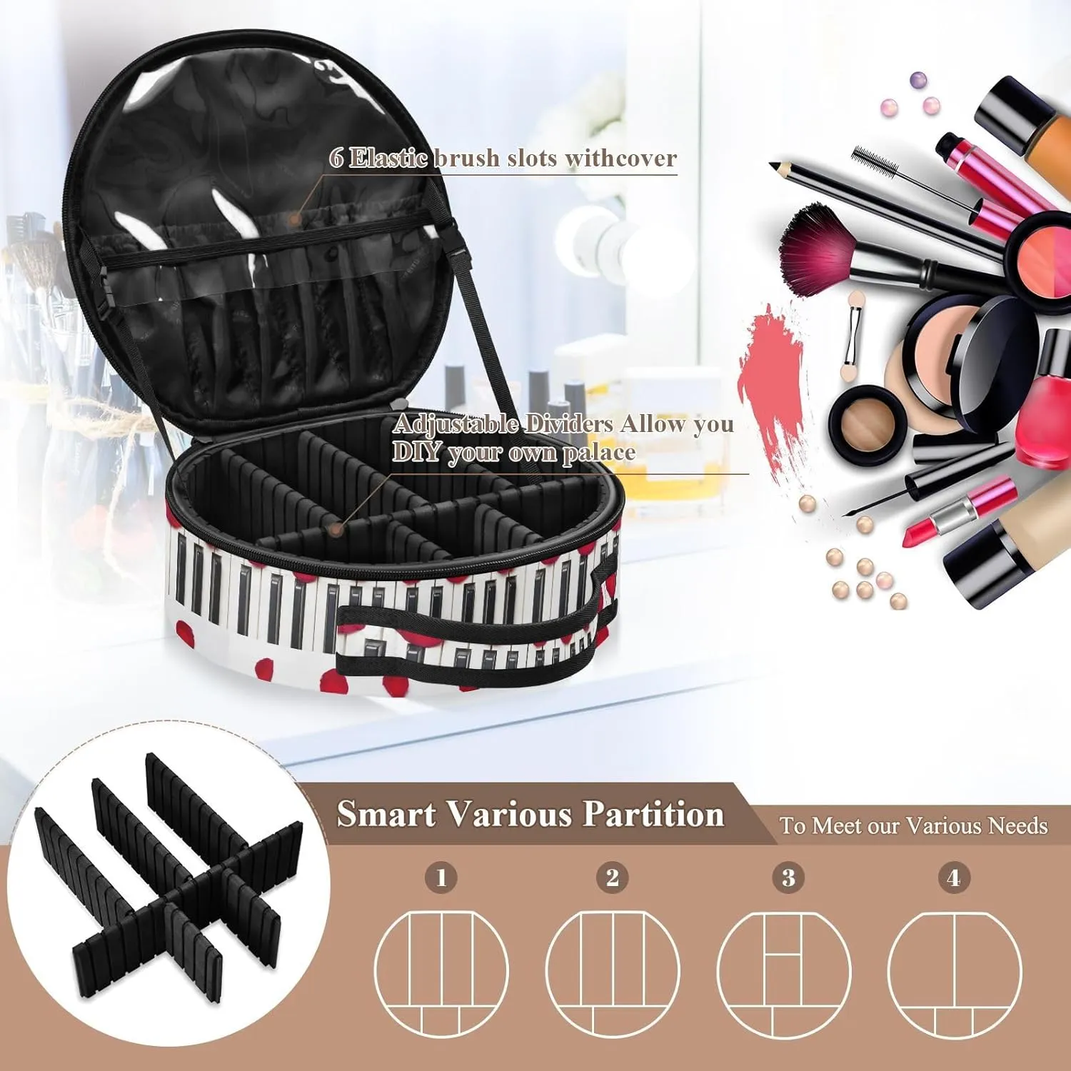 ALAZA Piano Keys with Red Rose Flower Petals Portable Cosmetic Bag Large Capacity Makeup Bags