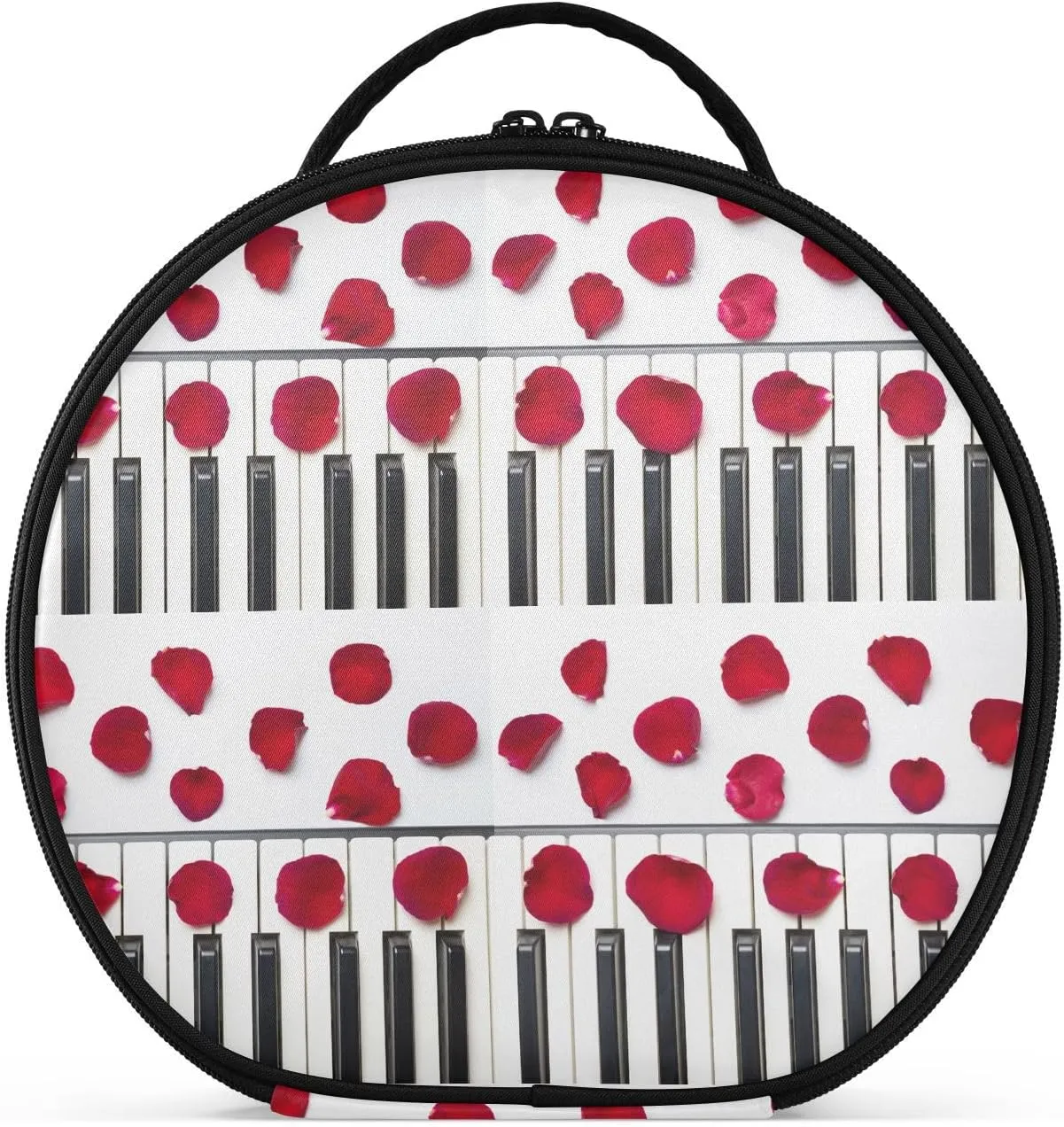 ALAZA Piano Keys with Red Rose Flower Petals Portable Cosmetic Bag Large Capacity Makeup Bags