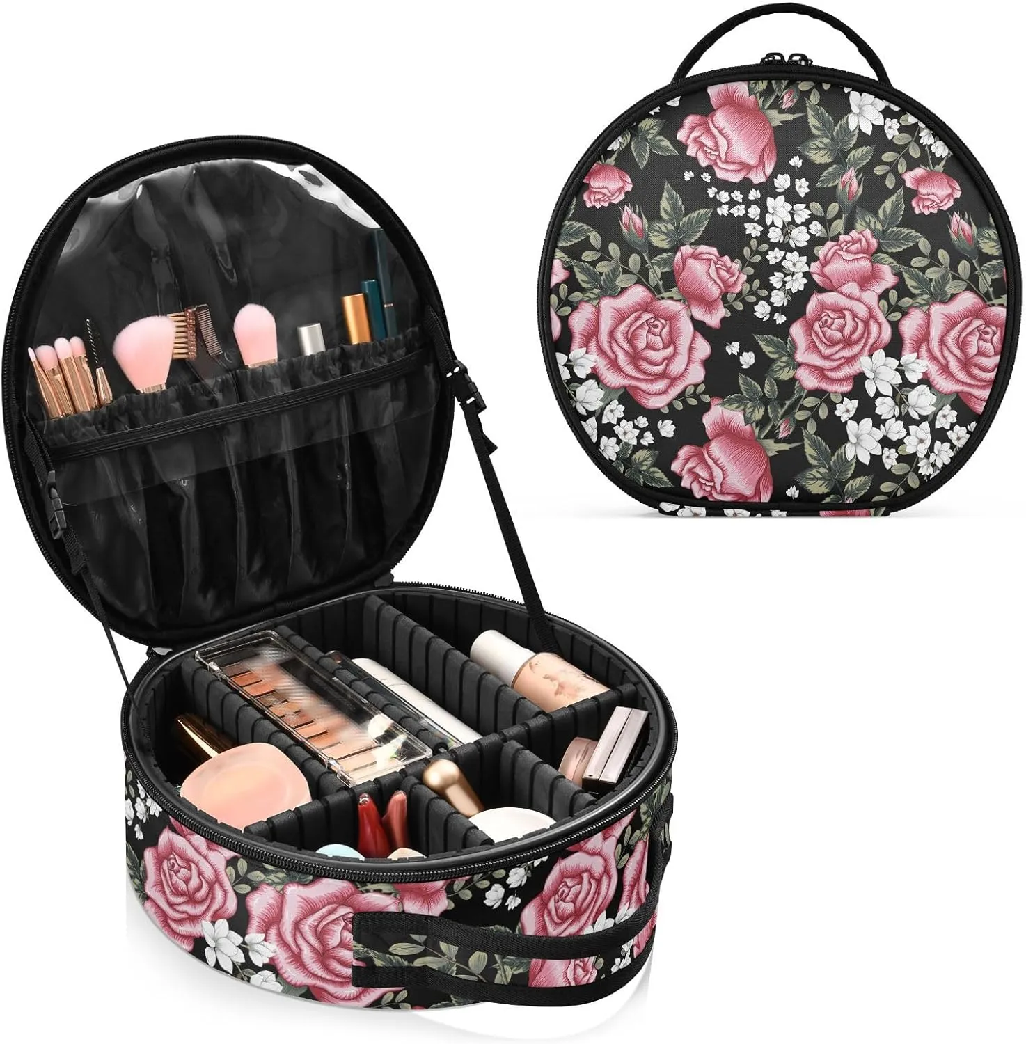 ALAZA Roses and White Flower Portable Cosmetic Bag Large Capacity Makeup Bags