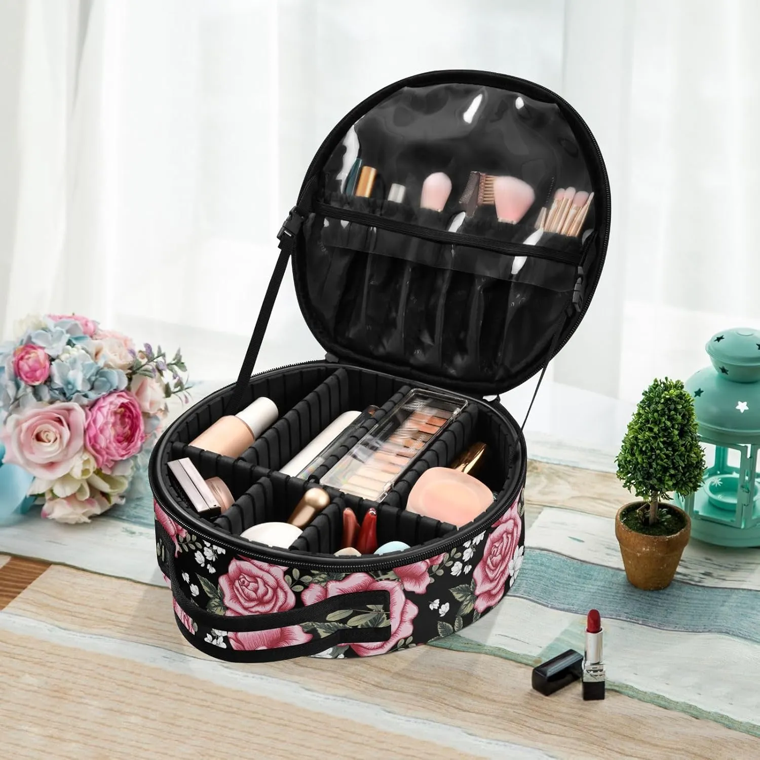 ALAZA Roses and White Flower Portable Cosmetic Bag Large Capacity Makeup Bags