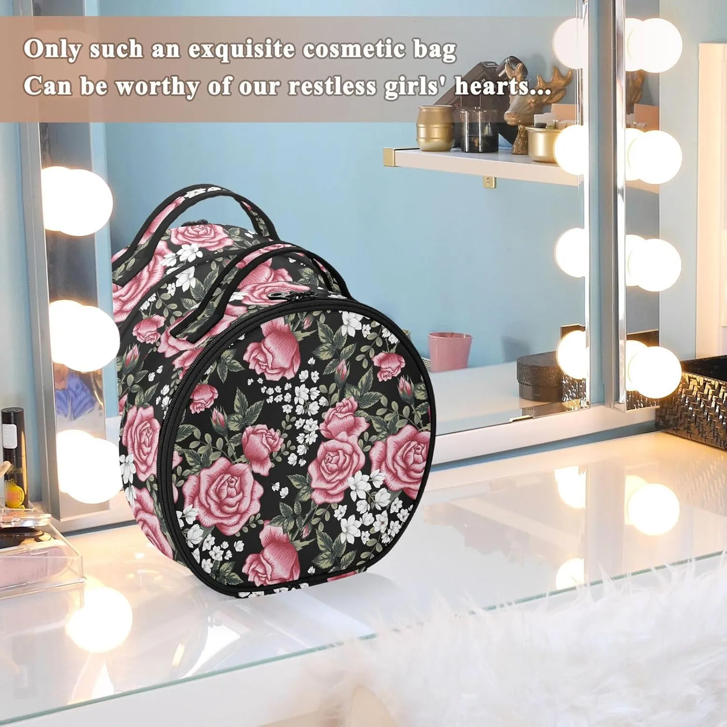 ALAZA Roses and White Flower Portable Cosmetic Bag Large Capacity Makeup Bags
