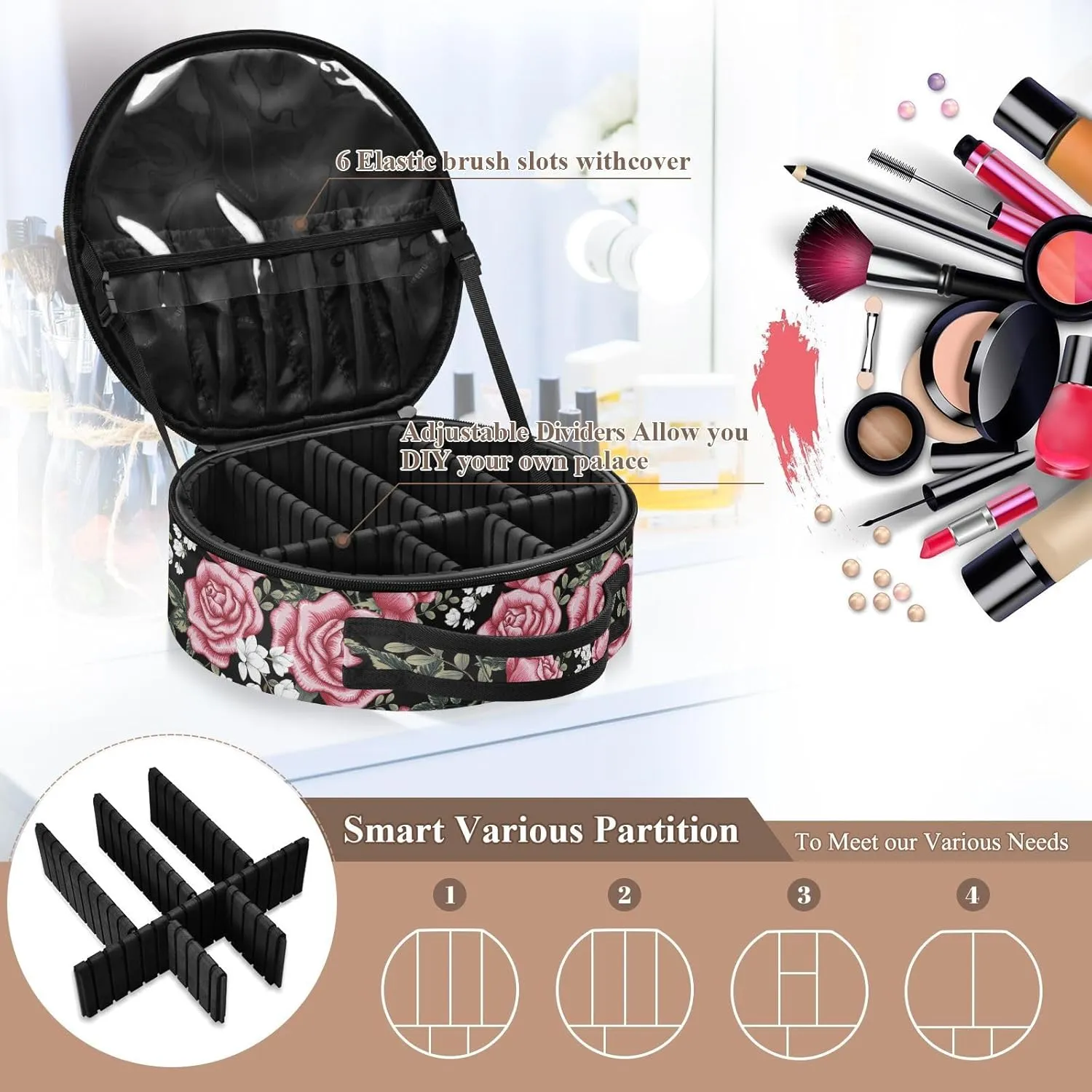 ALAZA Roses and White Flower Portable Cosmetic Bag Large Capacity Makeup Bags