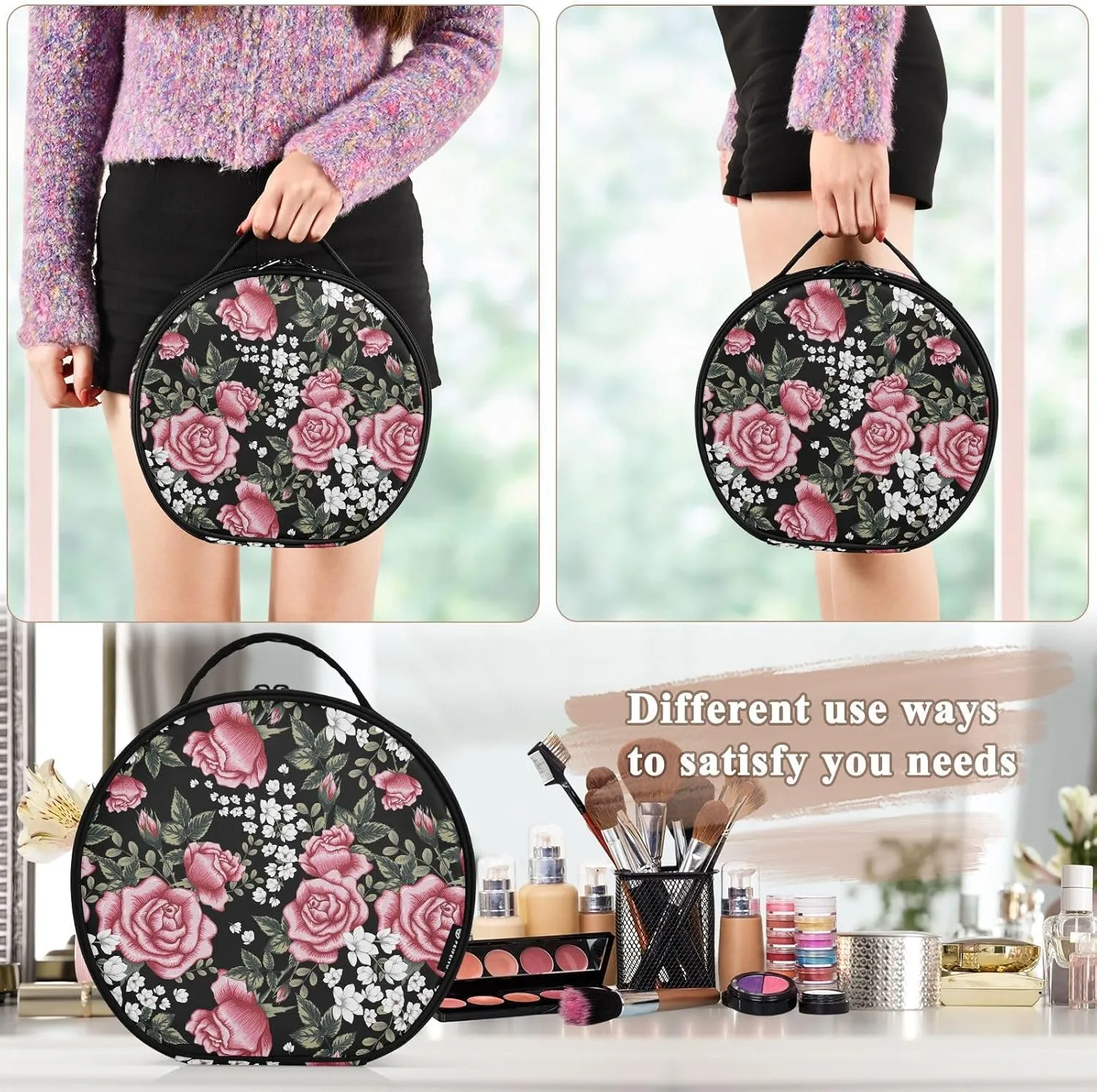 ALAZA Roses and White Flower Portable Cosmetic Bag Large Capacity Makeup Bags