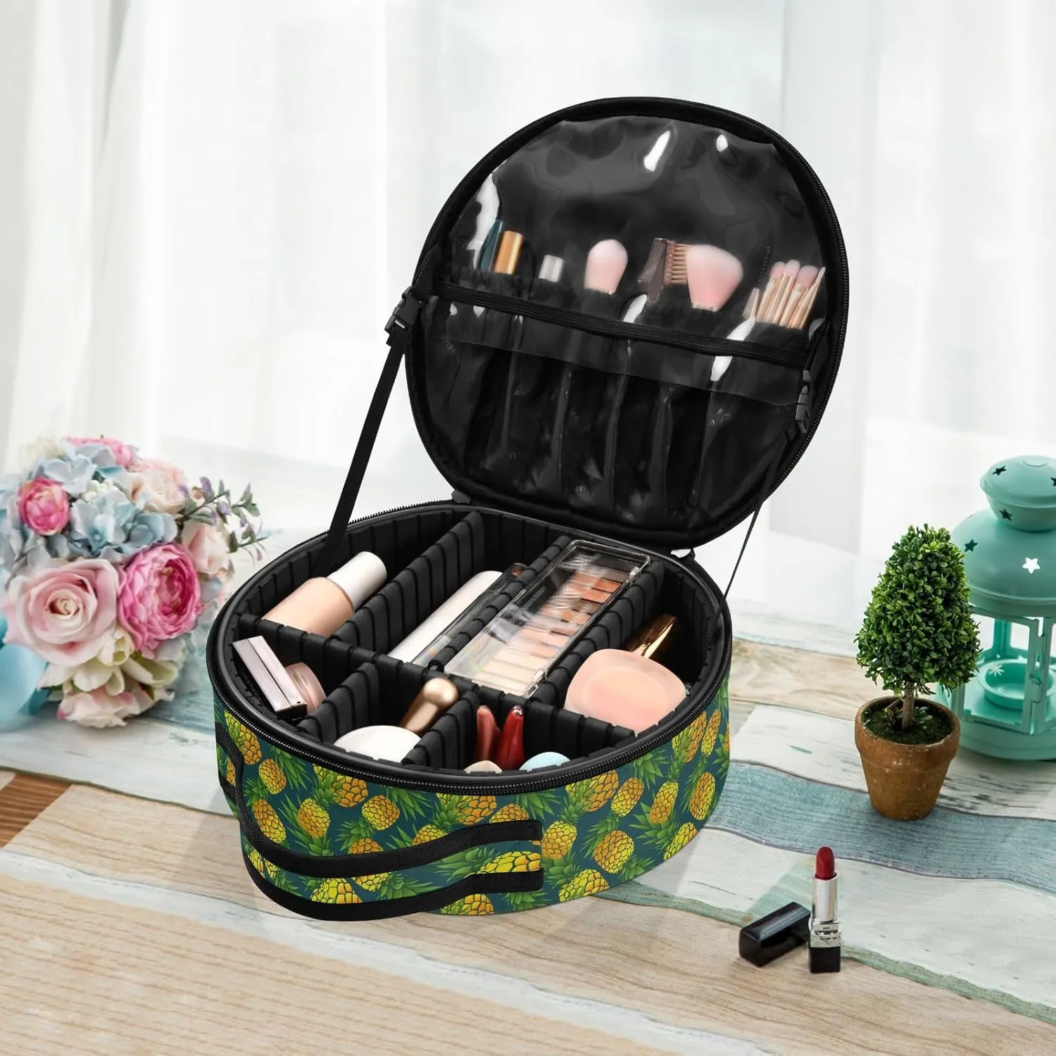 ALAZA Summer Pineapple on Dark Travel Makeup Train Case Makeup Cosmetic Case with Adjustable Dividers