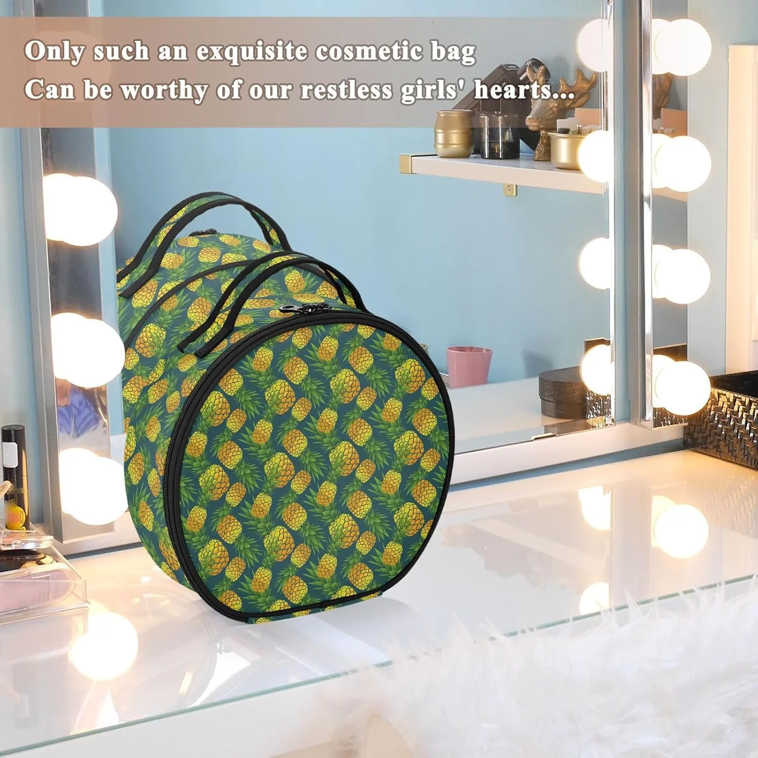 ALAZA Summer Pineapple on Dark Travel Makeup Train Case Makeup Cosmetic Case with Adjustable Dividers