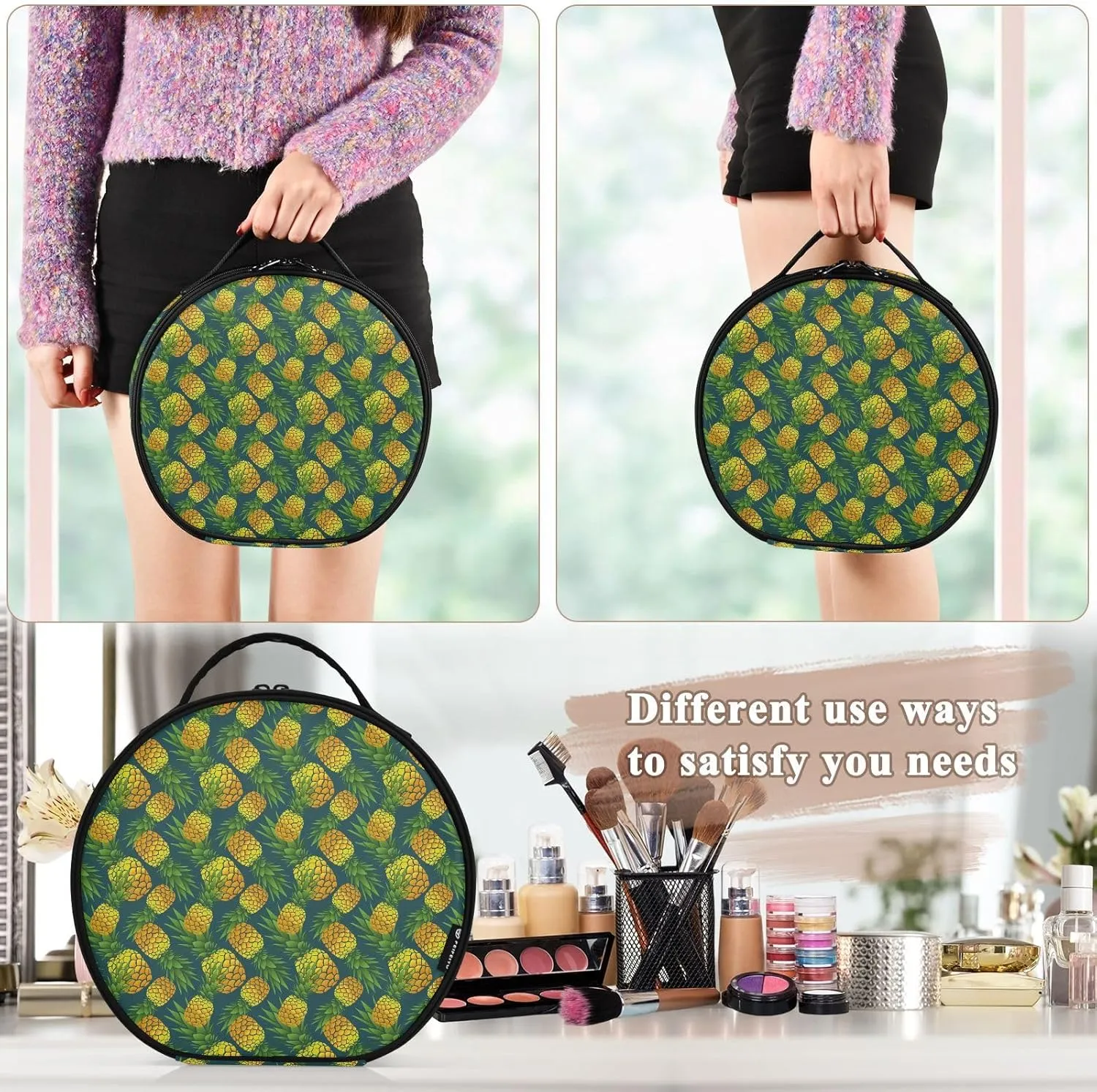 ALAZA Summer Pineapple on Dark Travel Makeup Train Case Makeup Cosmetic Case with Adjustable Dividers