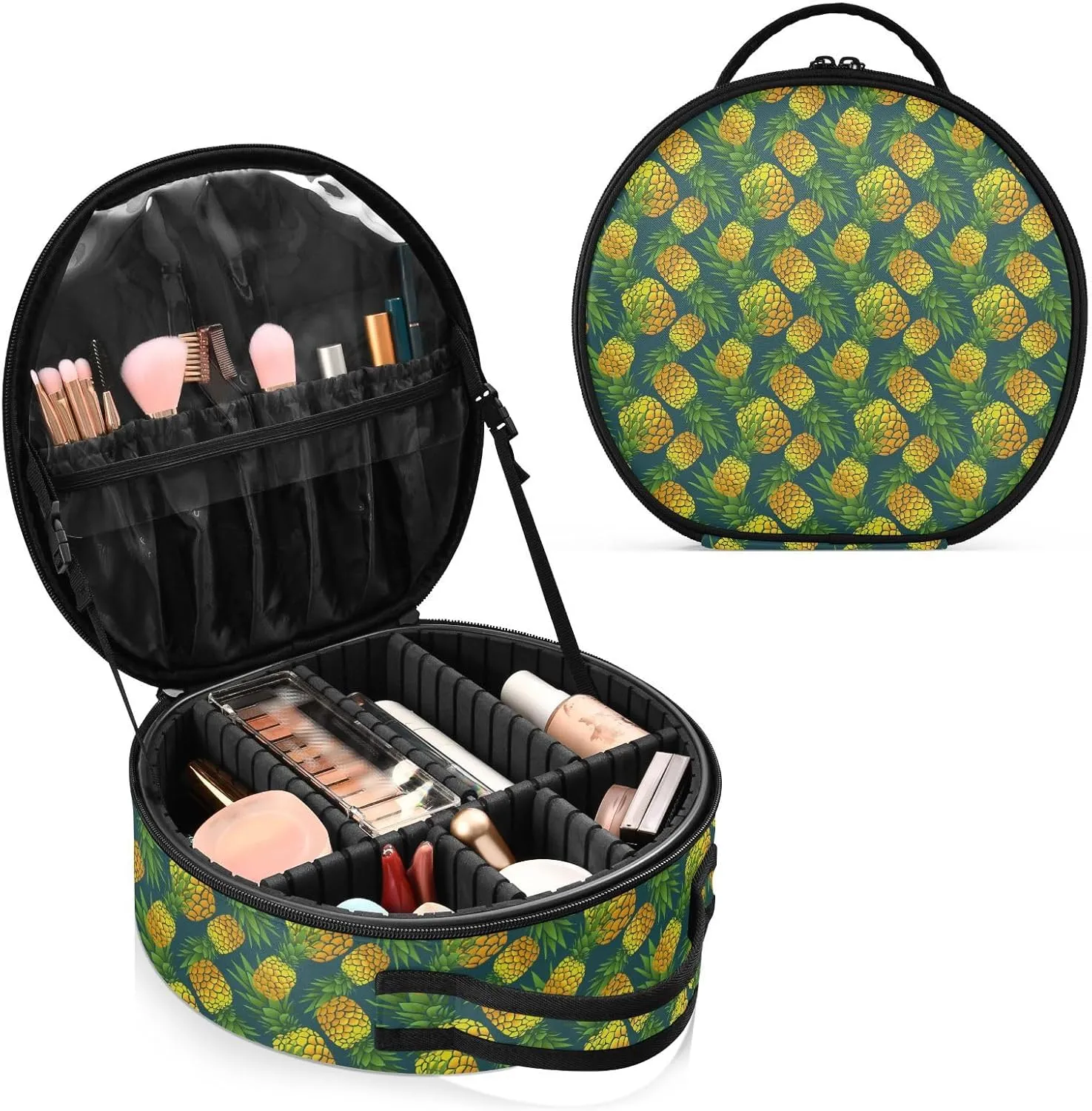 ALAZA Summer Pineapple on Dark Travel Makeup Train Case Makeup Cosmetic Case with Adjustable Dividers