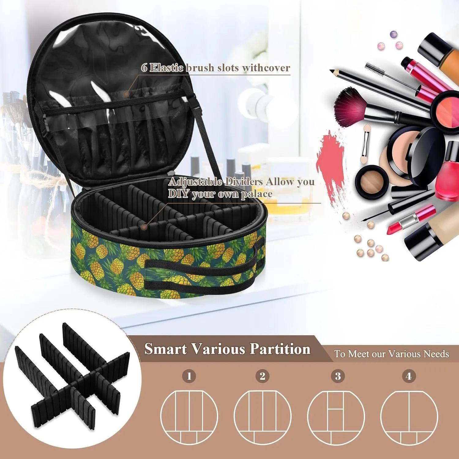 ALAZA Summer Pineapple on Dark Travel Makeup Train Case Makeup Cosmetic Case with Adjustable Dividers