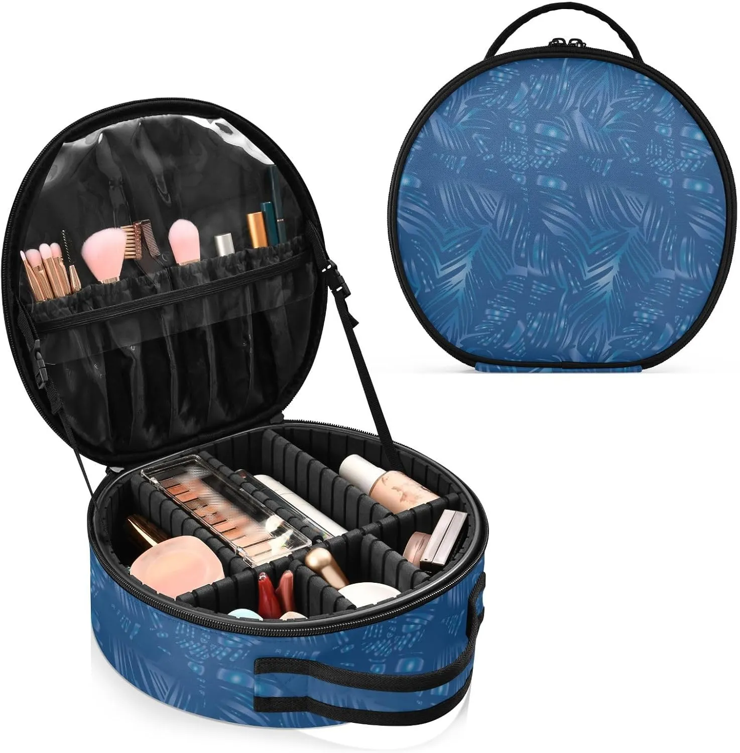 ALAZA Tropical Leaves White and Blue Color Line Portable Cosmetic Bag Large Capacity Travel Makeup Case Organizer