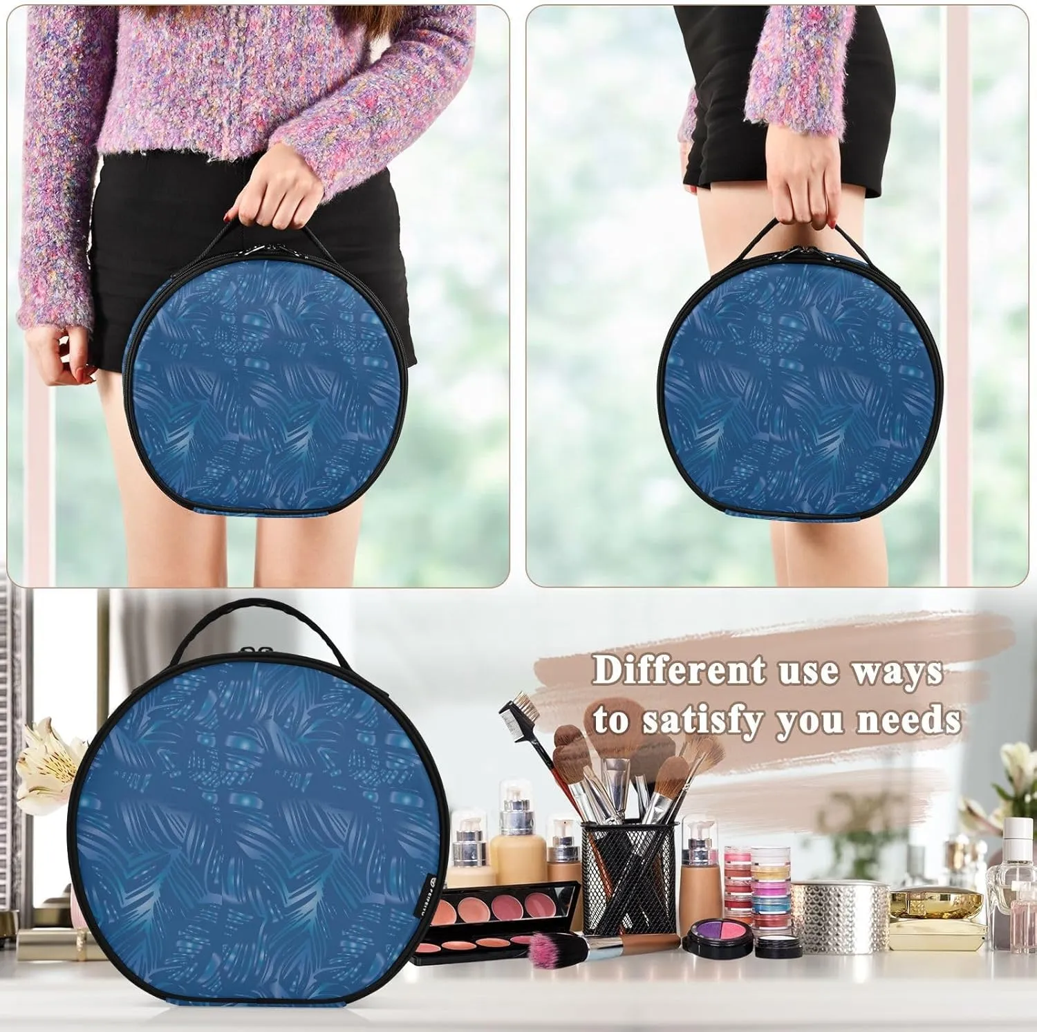 ALAZA Tropical Leaves White and Blue Color Line Portable Cosmetic Bag Large Capacity Travel Makeup Case Organizer
