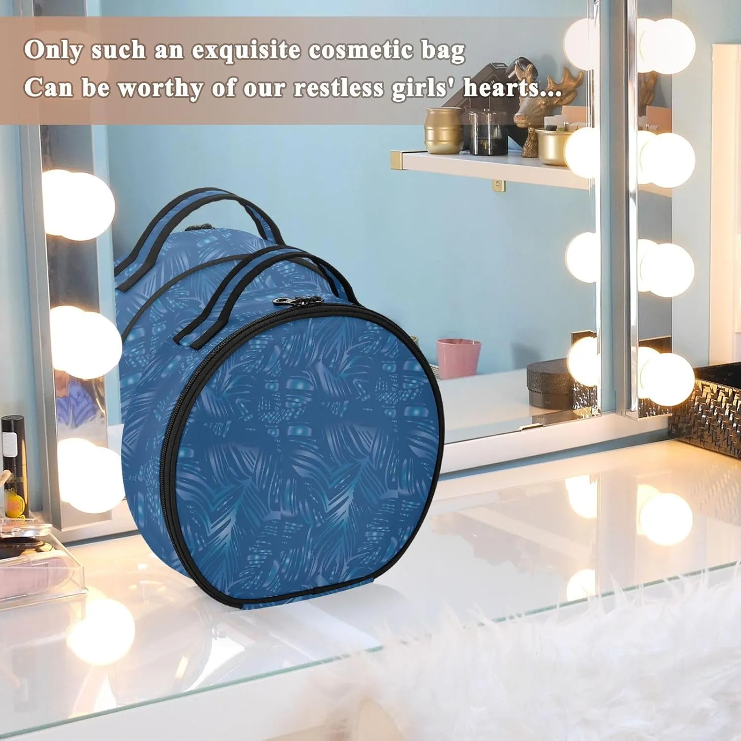 ALAZA Tropical Leaves White and Blue Color Line Portable Cosmetic Bag Large Capacity Travel Makeup Case Organizer