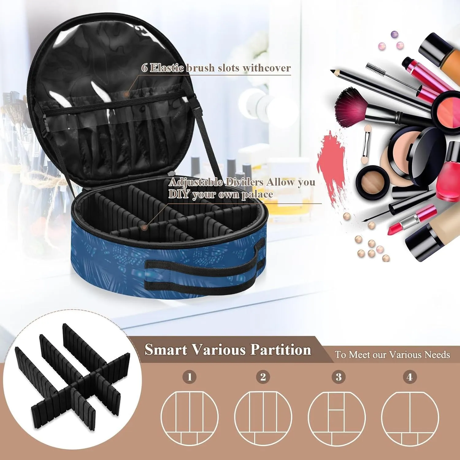 ALAZA Tropical Leaves White and Blue Color Line Portable Cosmetic Bag Large Capacity Travel Makeup Case Organizer