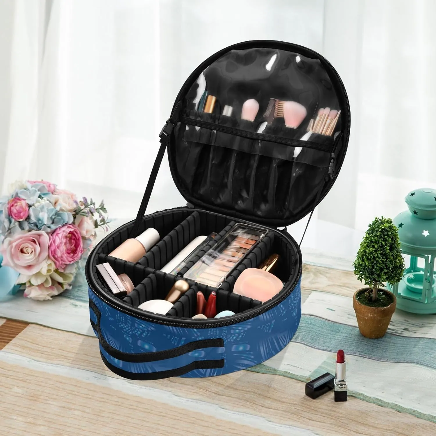 ALAZA Tropical Leaves White and Blue Color Line Portable Cosmetic Bag Large Capacity Travel Makeup Case Organizer