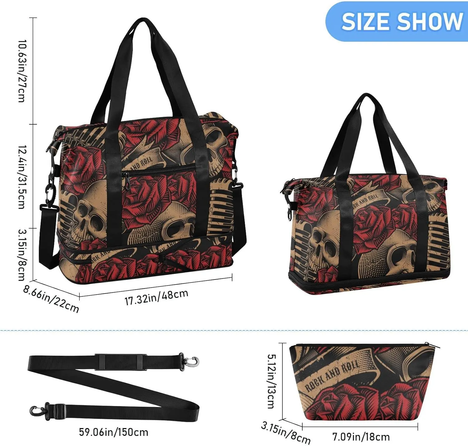 ALAZA Vintage Skulls Music Roses Gym Bag Sports Duffel Bag with Shoes Compartment, Overnight Weekender Travel Tote Bag for Women Men Trip College