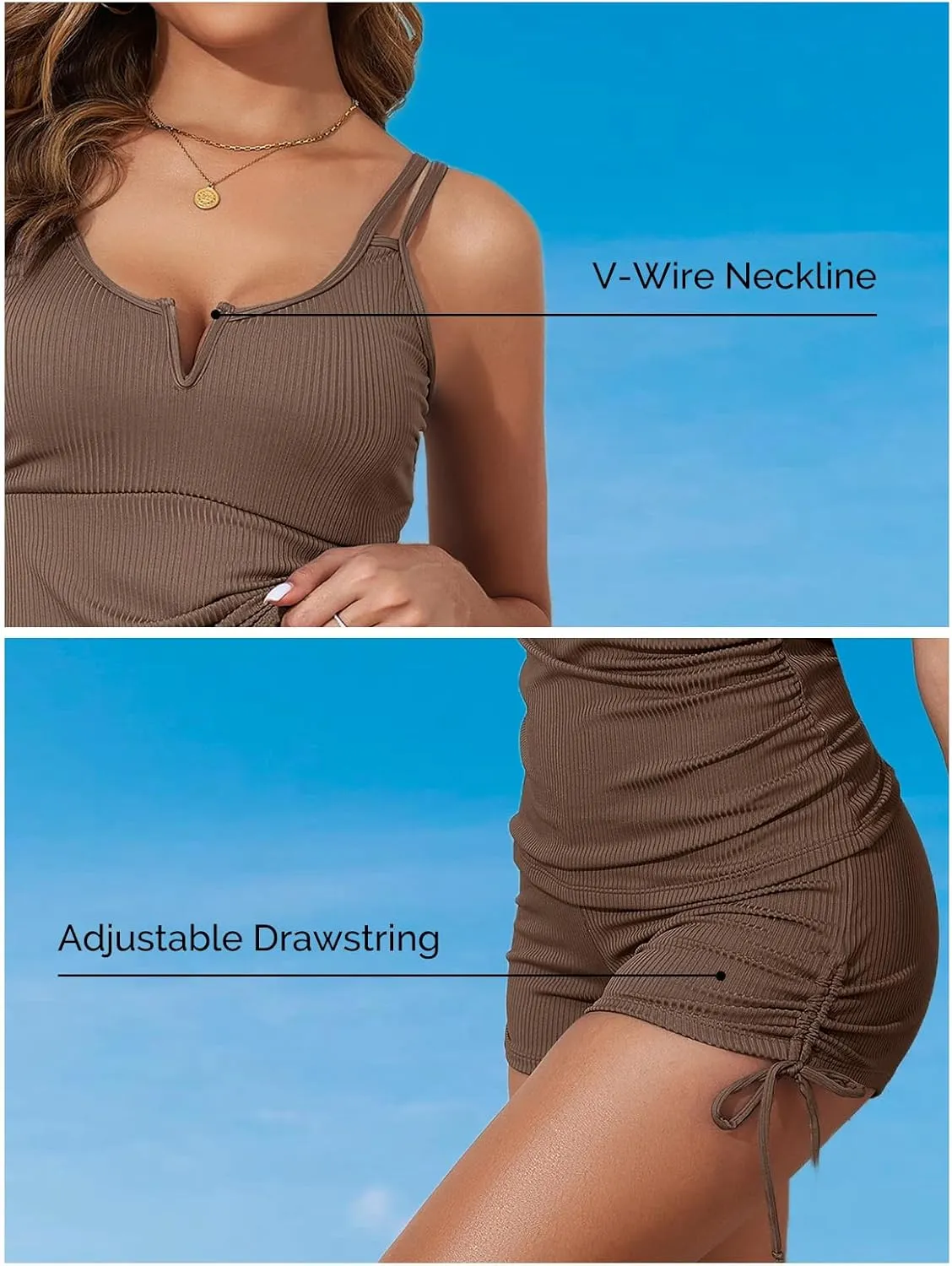Aleumdr Women's Two Piece Tankini Swimsuit Tummy Control Bathing Suit V Neck Swim Tank Top with Boyshorts