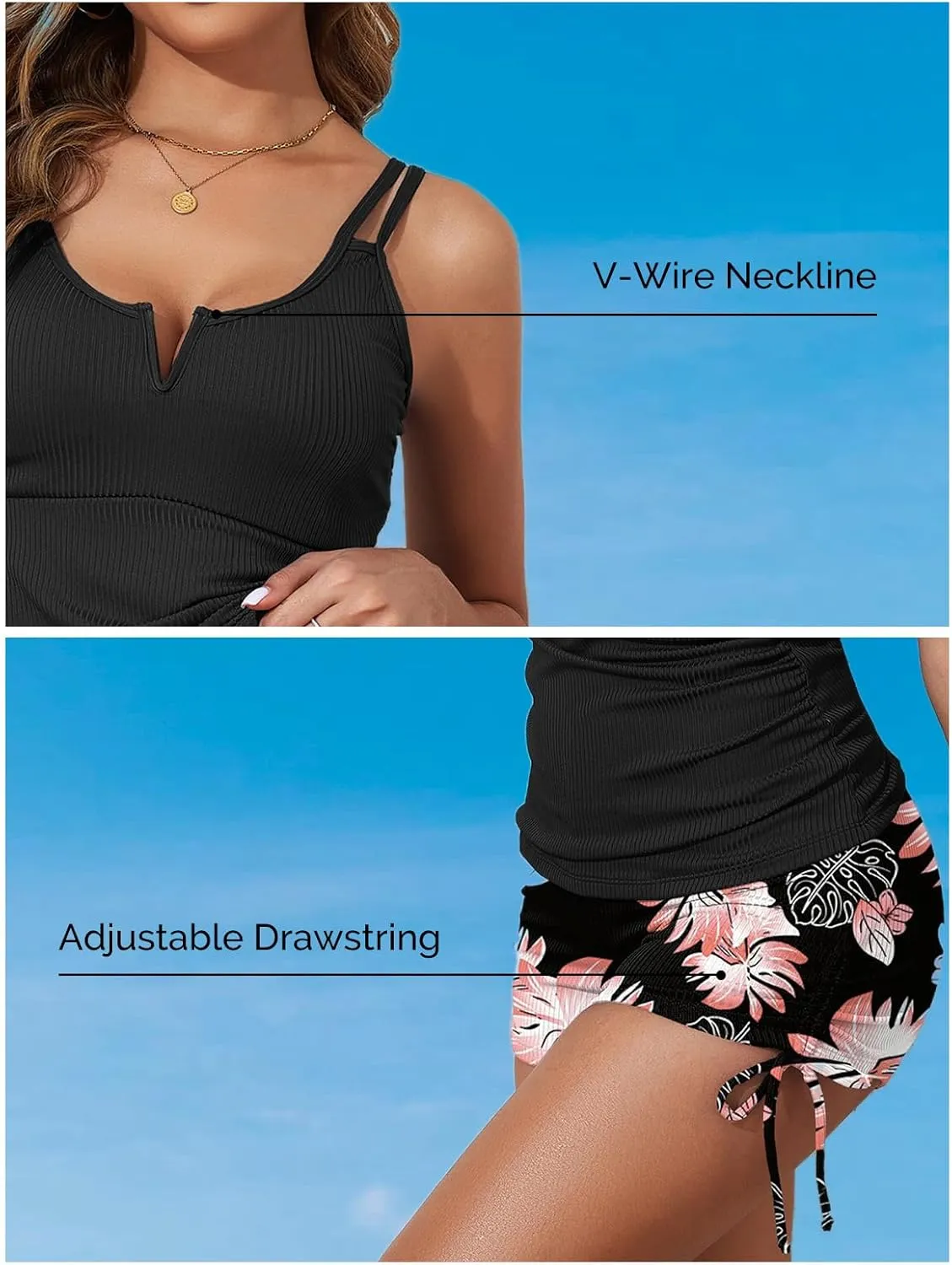 Aleumdr Women's Two Piece Tankini Swimsuit Tummy Control Bathing Suit V Neck Swim Tank Top with Boyshorts