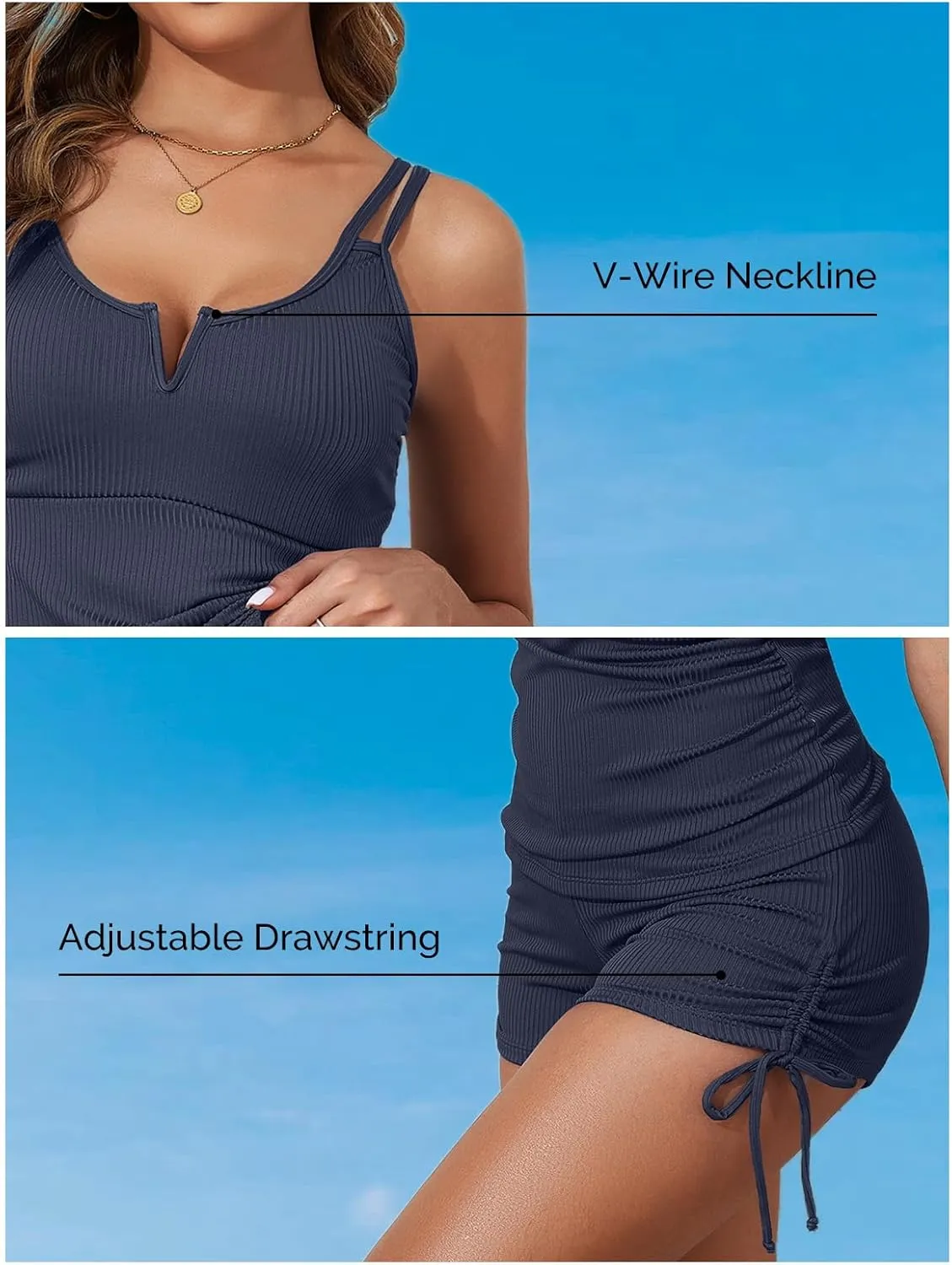 Aleumdr Women's Two Piece Tankini Swimsuit Tummy Control Bathing Suit V Neck Swim Tank Top with Boyshorts