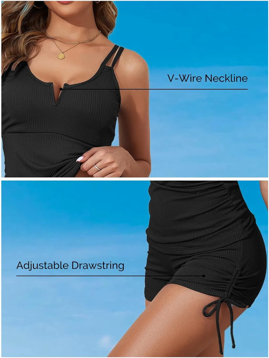 Aleumdr Women's Two Piece Tankini Swimsuit Tummy Control Bathing Suit V Neck Swim Tank Top with Boyshorts