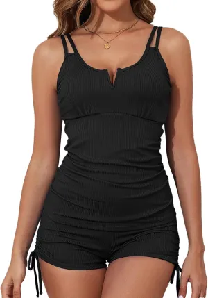 Aleumdr Women's Two Piece Tankini Swimsuit Tummy Control Bathing Suit V Neck Swim Tank Top with Boyshorts