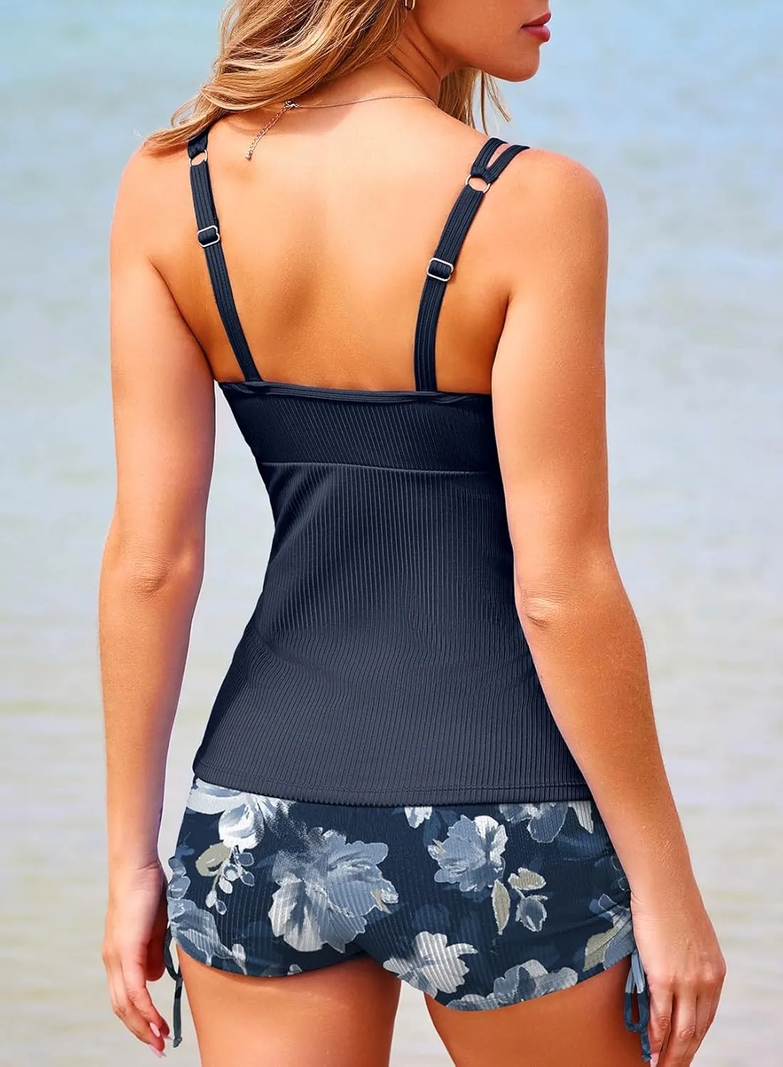 Aleumdr Women's Two Piece Tankini Swimsuit Tummy Control Bathing Suit V Neck Swim Tank Top with Boyshorts