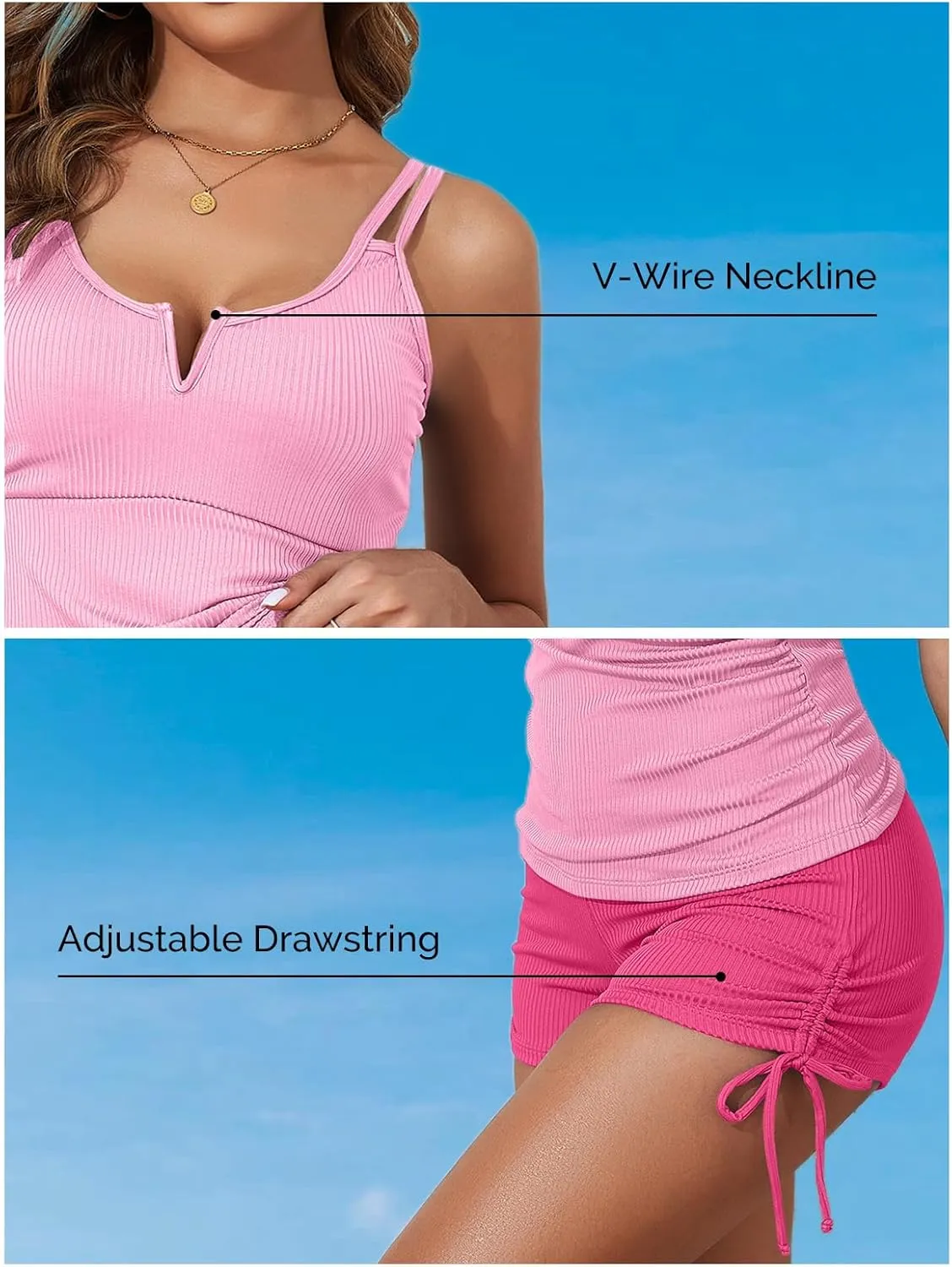 Aleumdr Women's Two Piece Tankini Swimsuit Tummy Control Bathing Suit V Neck Swim Tank Top with Boyshorts