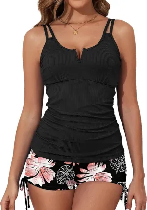 Aleumdr Women's Two Piece Tankini Swimsuit Tummy Control Bathing Suit V Neck Swim Tank Top with Boyshorts