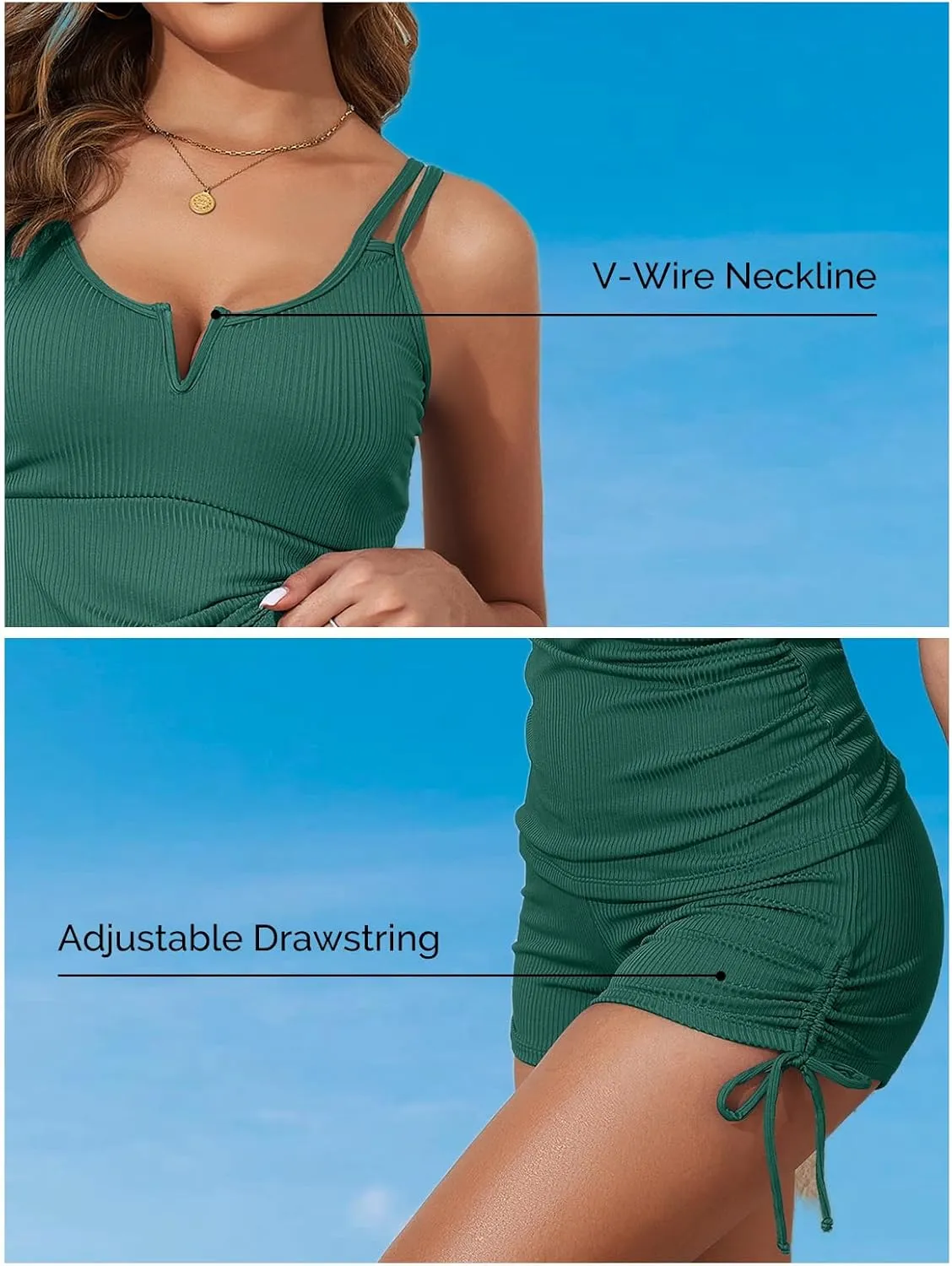Aleumdr Women's Two Piece Tankini Swimsuit Tummy Control Bathing Suit V Neck Swim Tank Top with Boyshorts