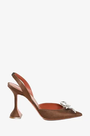 Amina Muaddi Brown Satin 'Rosie Sling' Embellished Heels Size 40