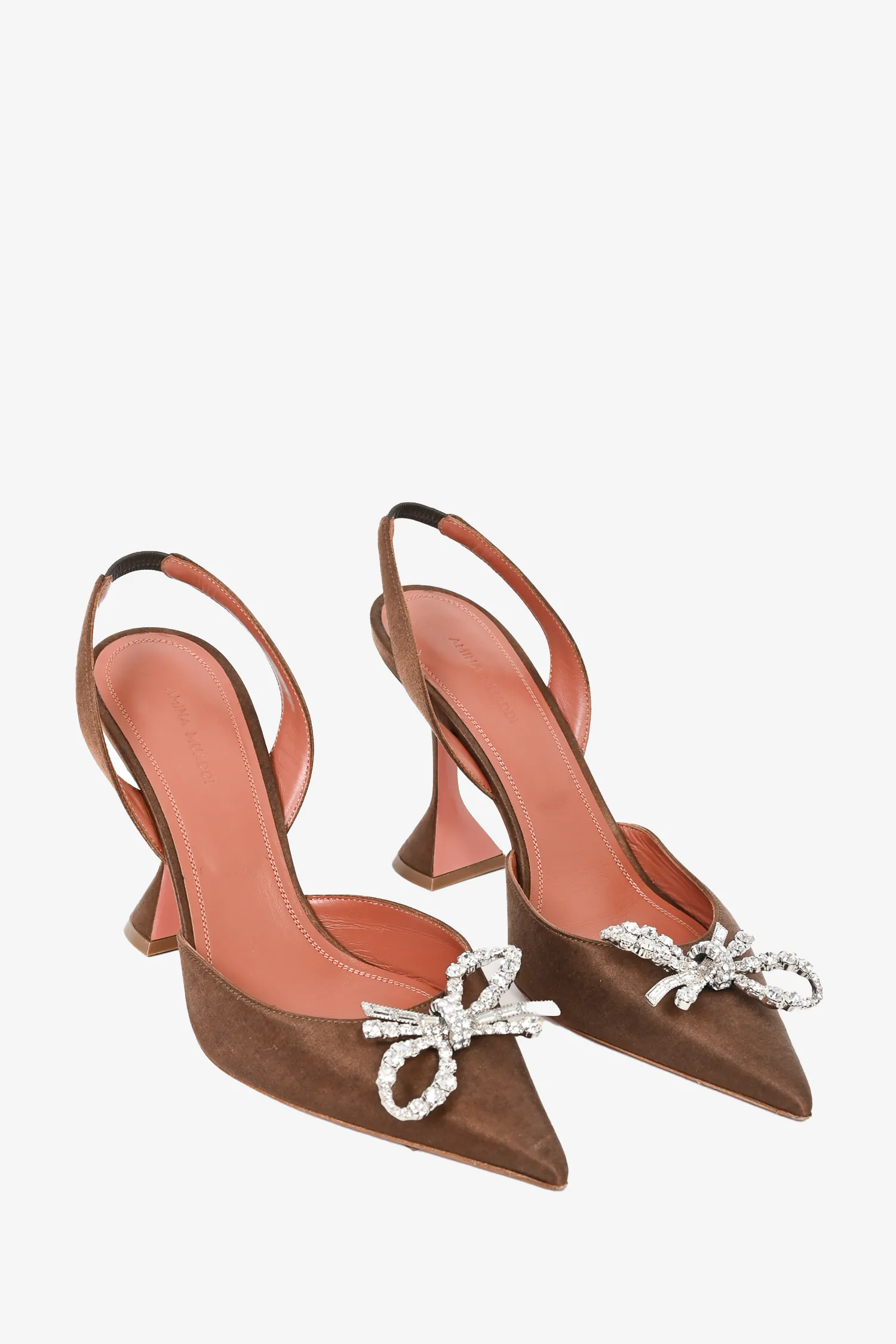 Amina Muaddi Brown Satin 'Rosie Sling' Embellished Heels Size 40