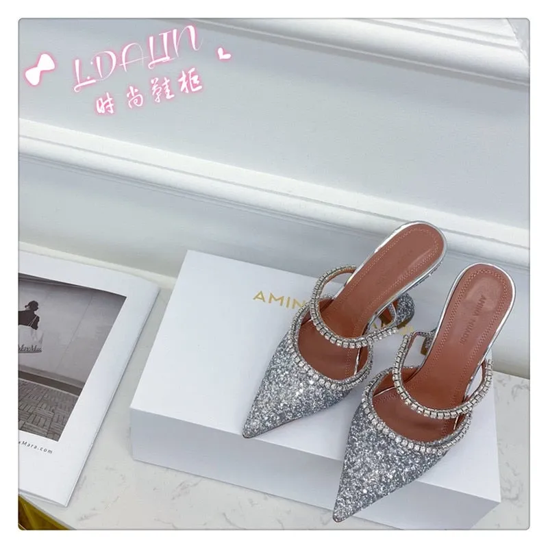 Amozae- Summer New Pointed Toe Rhinestone Sequined Stiletto Slippers Leopard Print Baotou Half Drag Sandals