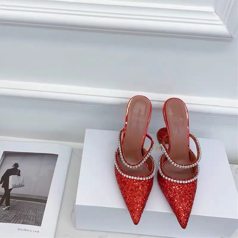 Amozae- Summer New Pointed Toe Rhinestone Sequined Stiletto Slippers Leopard Print Baotou Half Drag Sandals