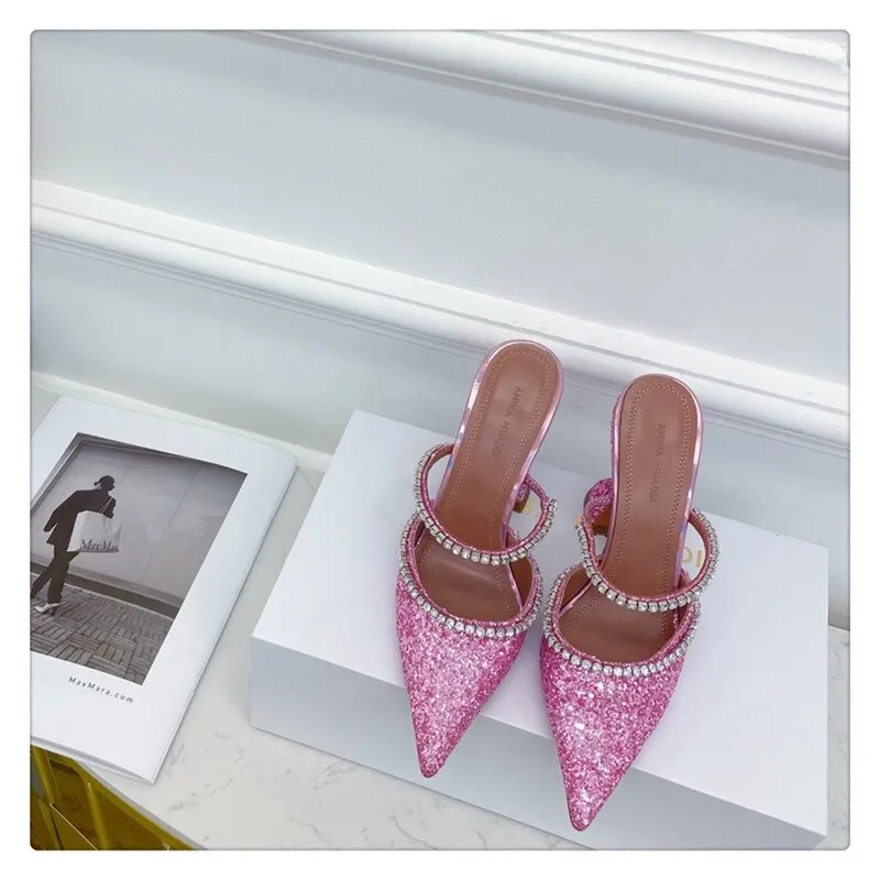 Amozae- Summer New Pointed Toe Rhinestone Sequined Stiletto Slippers Leopard Print Baotou Half Drag Sandals