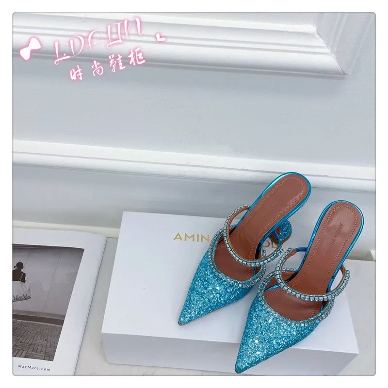 Amozae- Summer New Pointed Toe Rhinestone Sequined Stiletto Slippers Leopard Print Baotou Half Drag Sandals