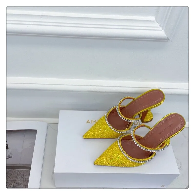 Amozae- Summer New Pointed Toe Rhinestone Sequined Stiletto Slippers Leopard Print Baotou Half Drag Sandals