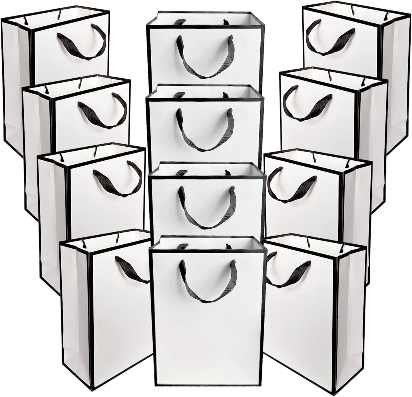AMROSE 12 Pack Small Gift Bags with Tissue Paper, Recyclable 8.7'' Paper Gift Bag Bulks for Birthdays, Party, Mother's Day, Wedding and More, Small Size 6.3 x3 x8.7, White