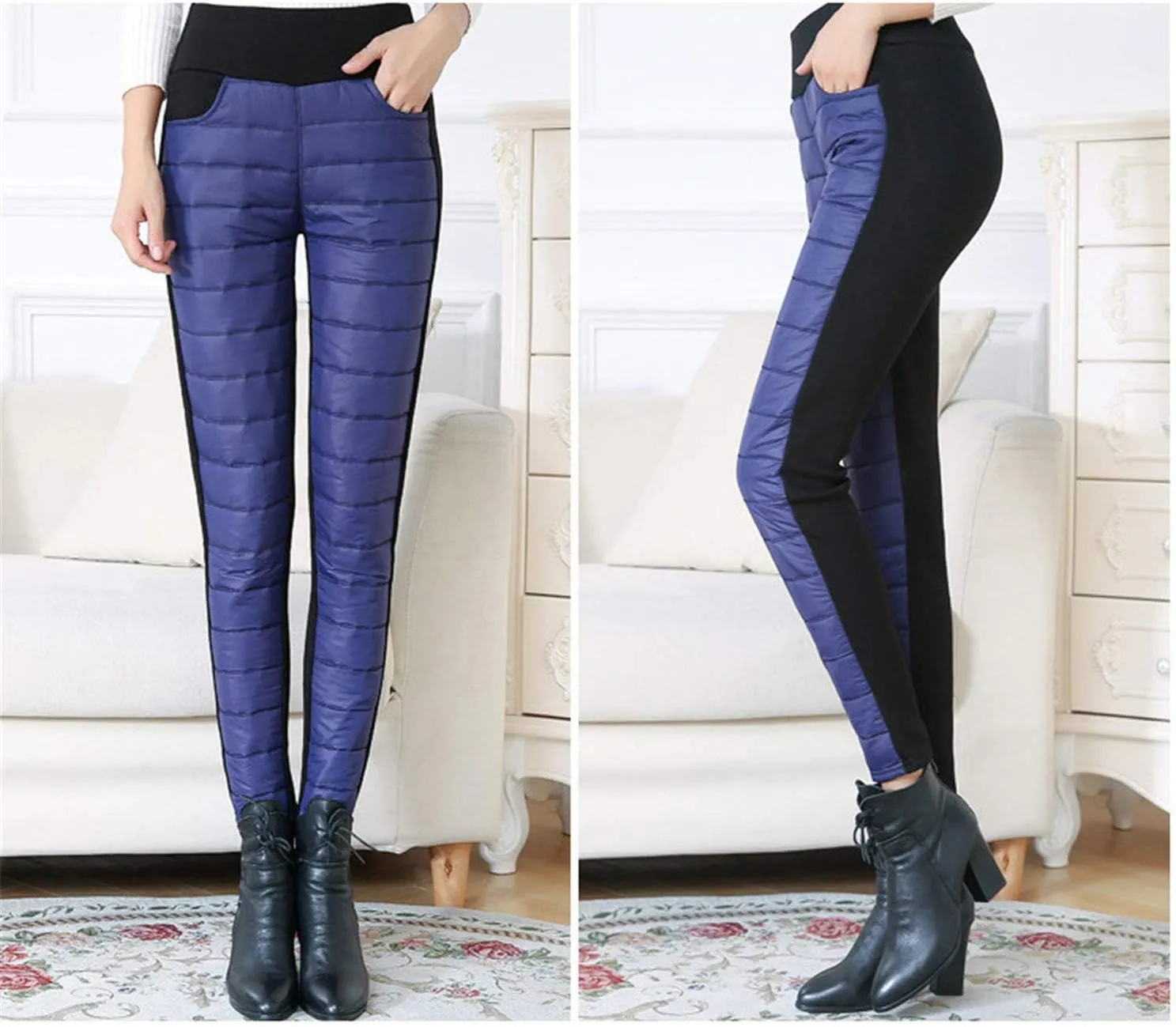 Andongnywell Women High Waist Down Pants Winter Thicken Pants Elasticity Warm Trousers Windproof Quilted Puffer Pants