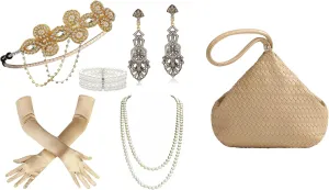 BABEYOND 1920s Flapper Accessories Gatsby Costume Accessories Set 20s Flapper Headband Pearl Necklace Gloves Plastic Holder Clutch Purses Woven Purse Evening Bags Faux Leather Wristlet Handbag