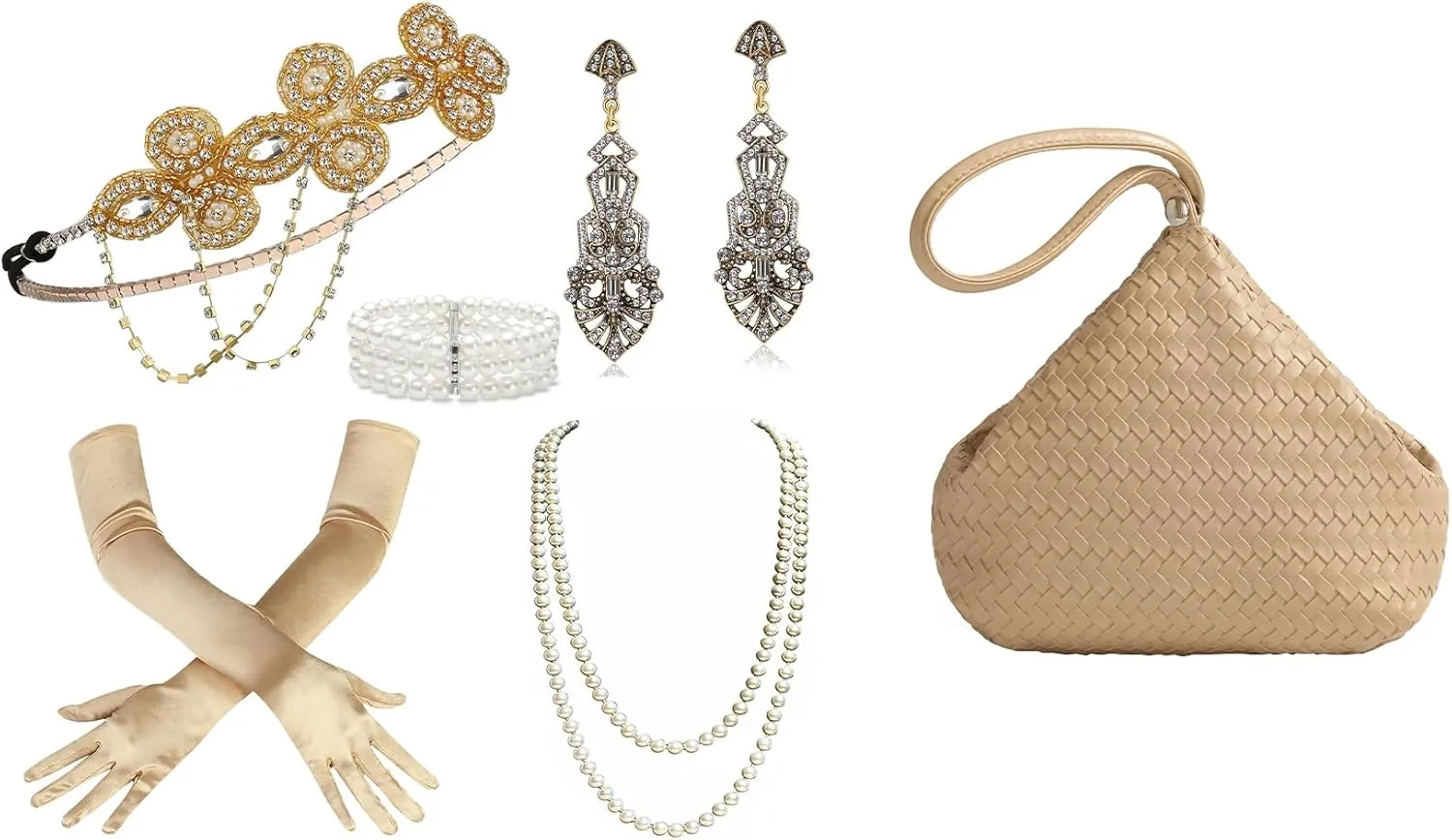 BABEYOND 1920s Flapper Accessories Gatsby Costume Accessories Set 20s Flapper Headband Pearl Necklace Gloves Plastic Holder Clutch Purses Woven Purse Evening Bags Faux Leather Wristlet Handbag
