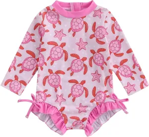 Baby Girl Swimsuit Baby Girls Long Sleeve One Piece Swimsuit Romper with Hat Bathing Suit Beach Rash Guard