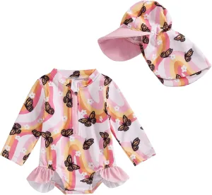 Baby Girl Swimsuit Baby Girls Long Sleeve One Piece Swimsuit Romper with Hat Bathing Suit Beach Rash Guard